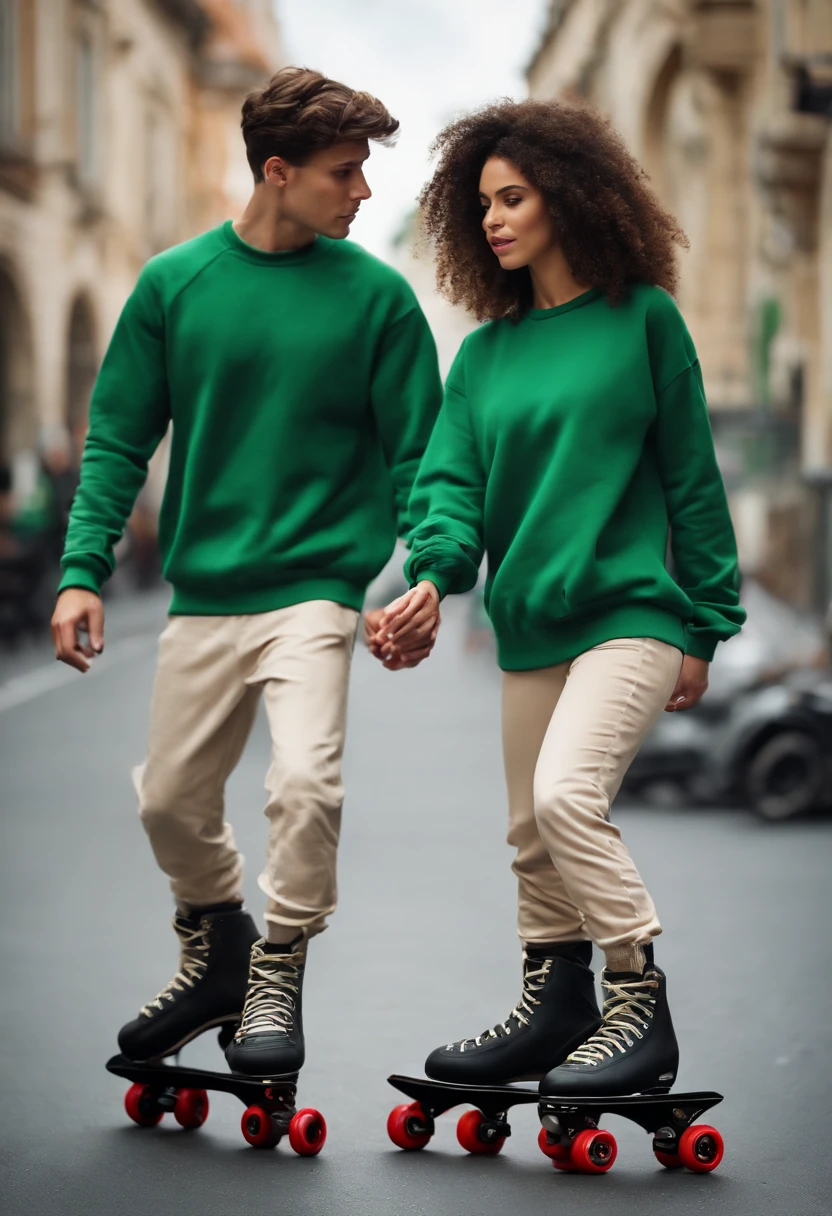 A beautiful lady with height 165 cm wearing a green sweatshirt and matching pants.
with her boyfreind in a gray shirt and cream pants
Both of them have inline skates and are competing