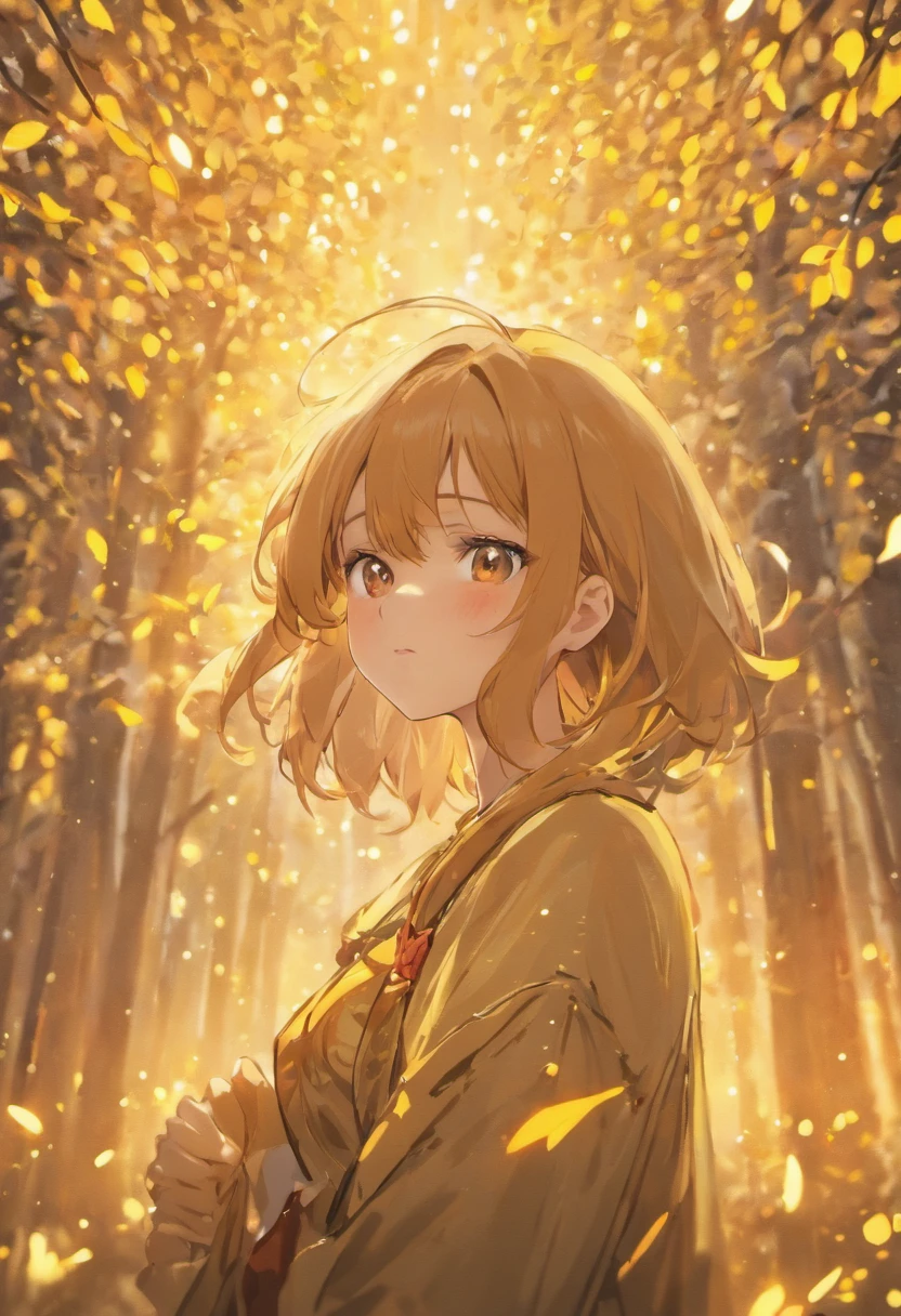 1girl,magic,mountain,brown hair,golden tree,shot from waist up,studying,surprised face,beautiful smile,saturated image,(best quality,4k,8k,highres,masterpiece:1.2),ultra-detailed,(realistic,photorealistic,photo-realistic:1.37),HDR,UHD,studio lighting,extremely detailed eyes and face,sharp focus,long eyelashes,vivid colors,portraits,((strong bokeh blur effect)),warm-toned lighting