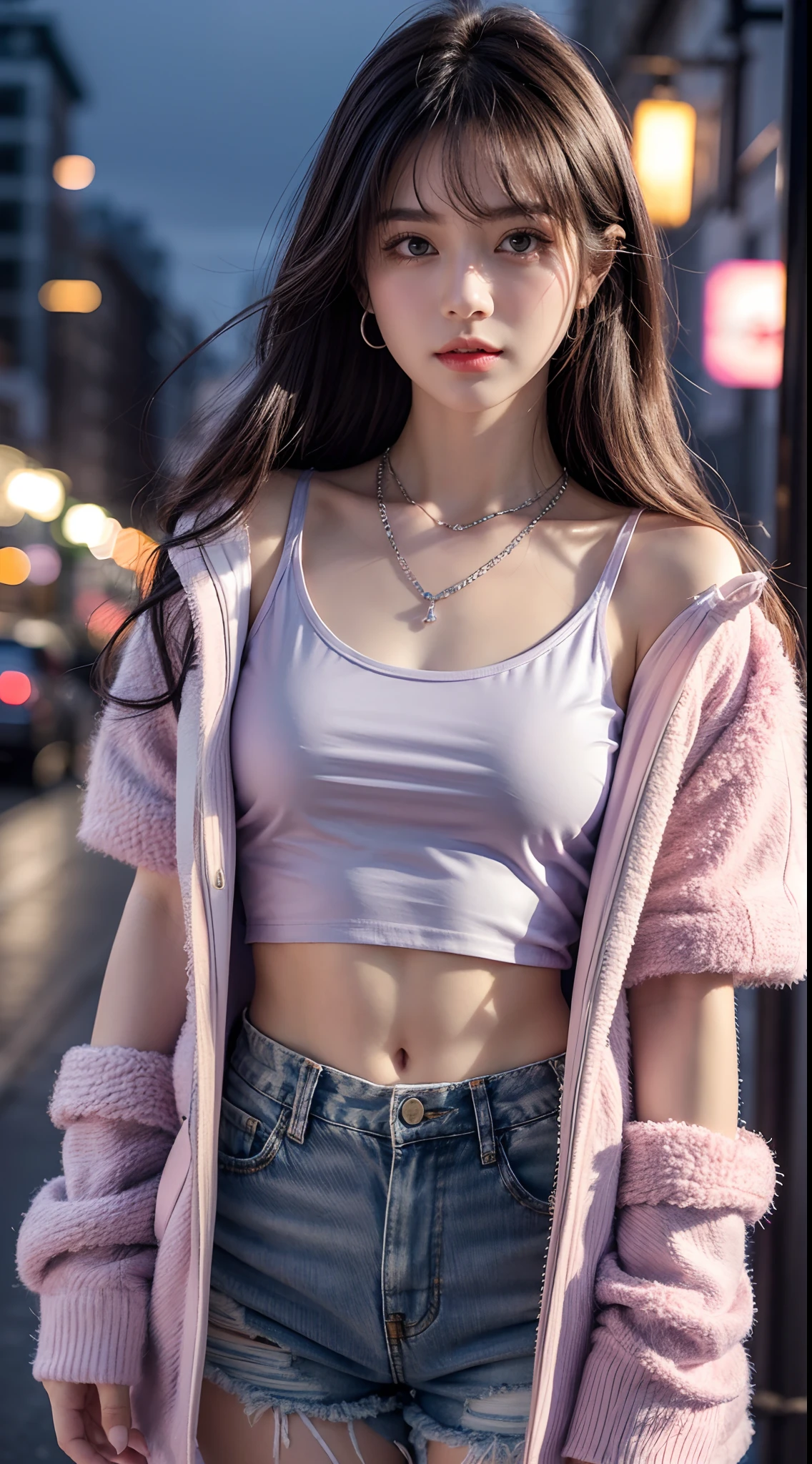 8K, Best Quality, Masterpiece: 1.2) , Super Detail, 1 Girl, Beautiful Details Sky, Detail Cafe, Evening, (Shut Up) Small Tits, Small Beautiful Detail Eyes , Night, girl wearing purple the shrunken faux fur coat, wearing processing shortstop denim short, chain necklace silver, wearing pink contrast scoop neck tee in compact nylon