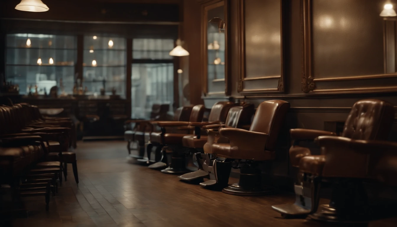 (8k, best quality, masterpiece:1.2), (best quality:1.0), (ultra highres:1.0), Waiting chairs next to the wall with customers and there is an empty chair in an old barbershop