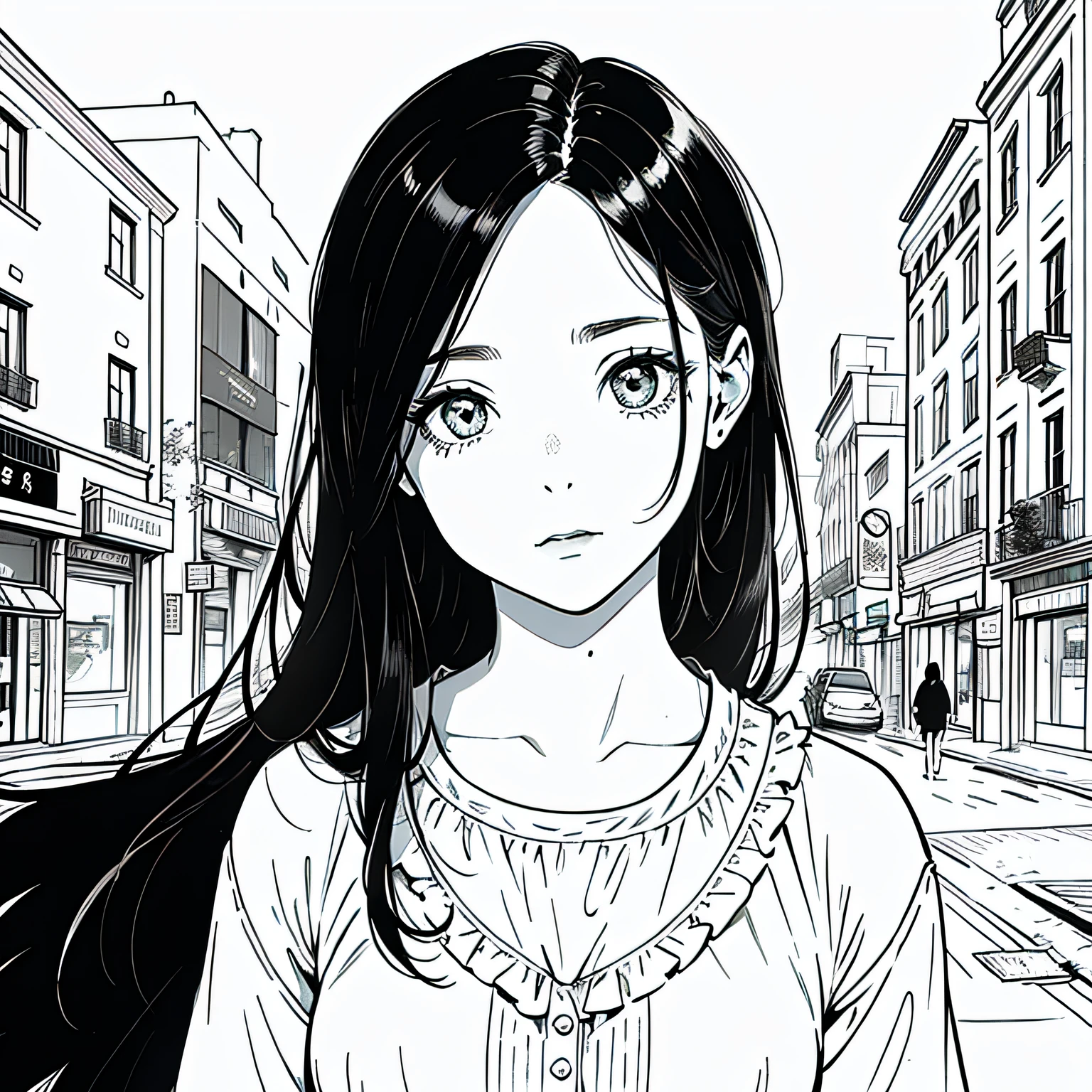 obra maestra, mejor calidad, A girl in a city, primer plano Arte lineal, Monocromo