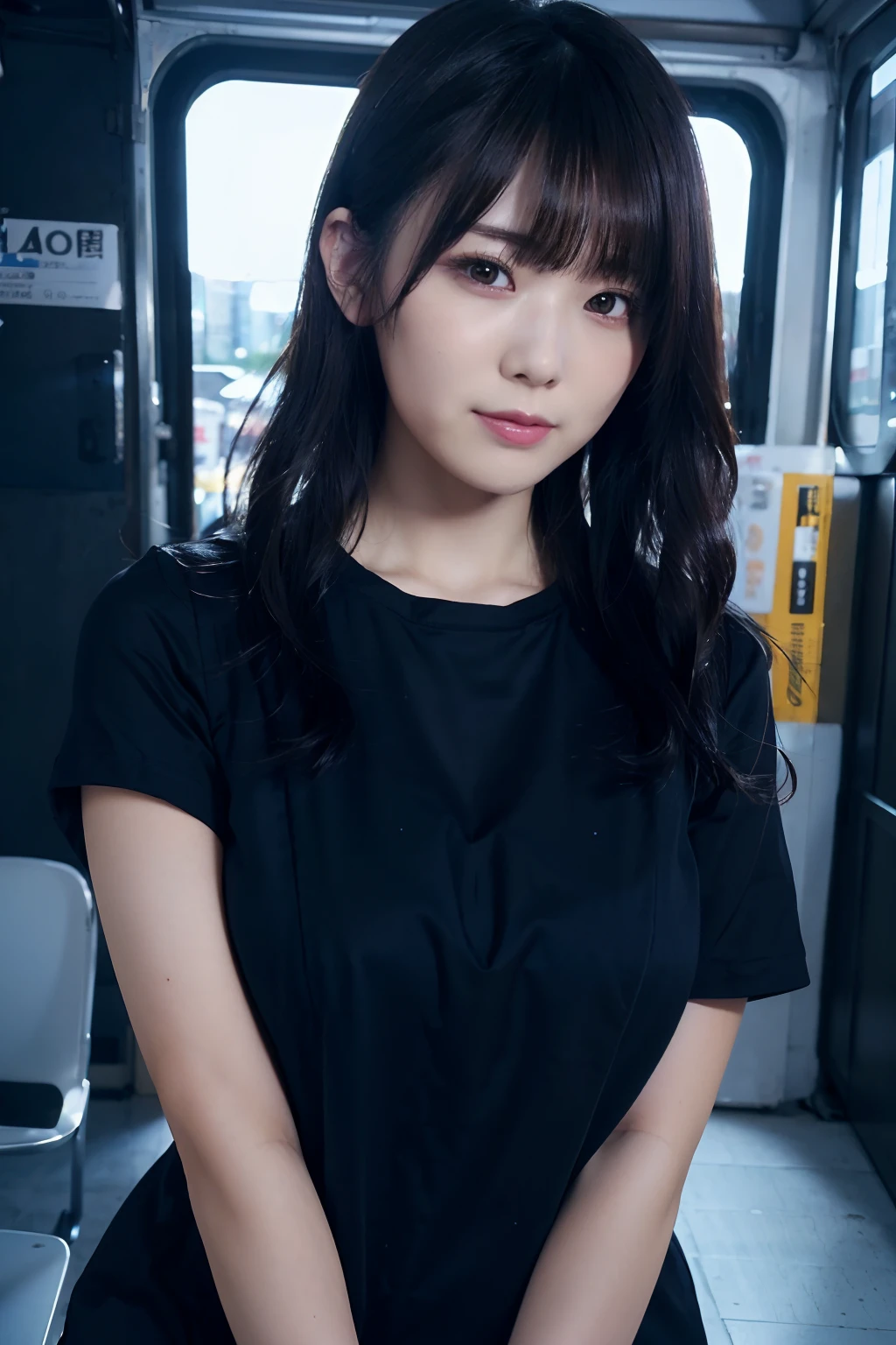 ((masutepiece)), ((Best Quality)), (Ultra-detailed), ((Extremely detailed)), 4K, (8K), Best Quality, (Beautiful), Gradation, Alone((masutepiece)), ((Best Quality)), (Ultra-detailed), ((Extremely detailed)), 4K, (8K), Best Quality, (Beautiful), Dynamic Angle, Subway, kawaii girl, 1girl in, Solo, Black T-shirt with open chest, Colossal tits, Beautiful brown hair 0, ((Beautiful eyes))0, lightsmile