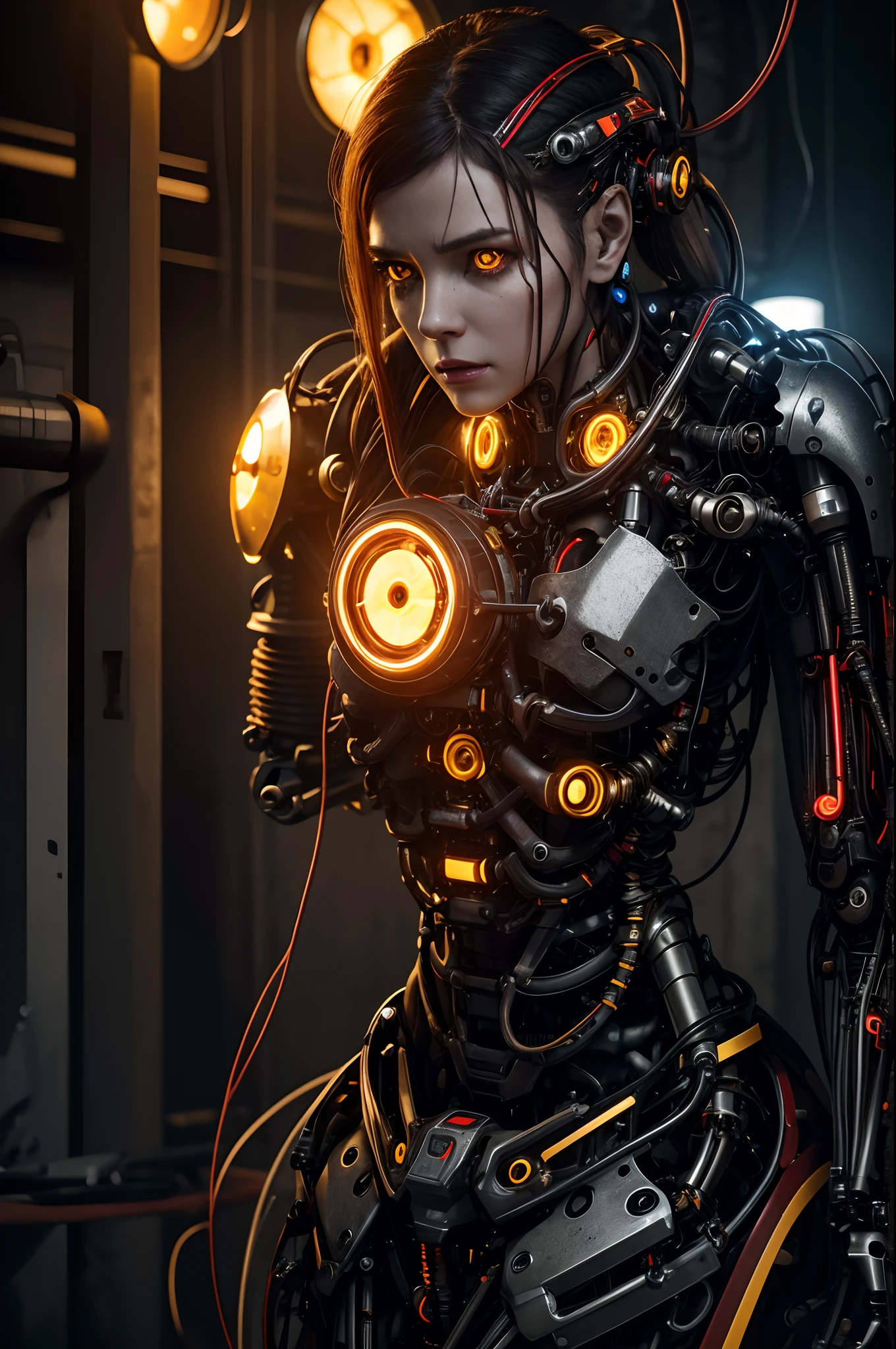 broken cyborg woman, gloweyes, tears from eyes, mechanical body legs hands and head, wires on the head, higly detailed, Realistic full-length photography, black & blue, 4k
