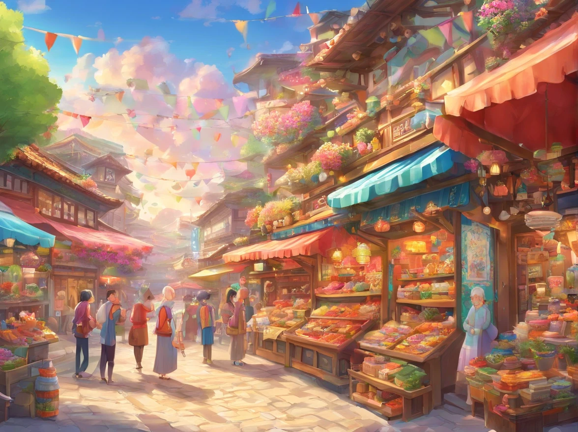 Lively bazaar，Stall，The white-haired grandmother stood in front of the stall，There are many paintings on the stalls，landscape painting