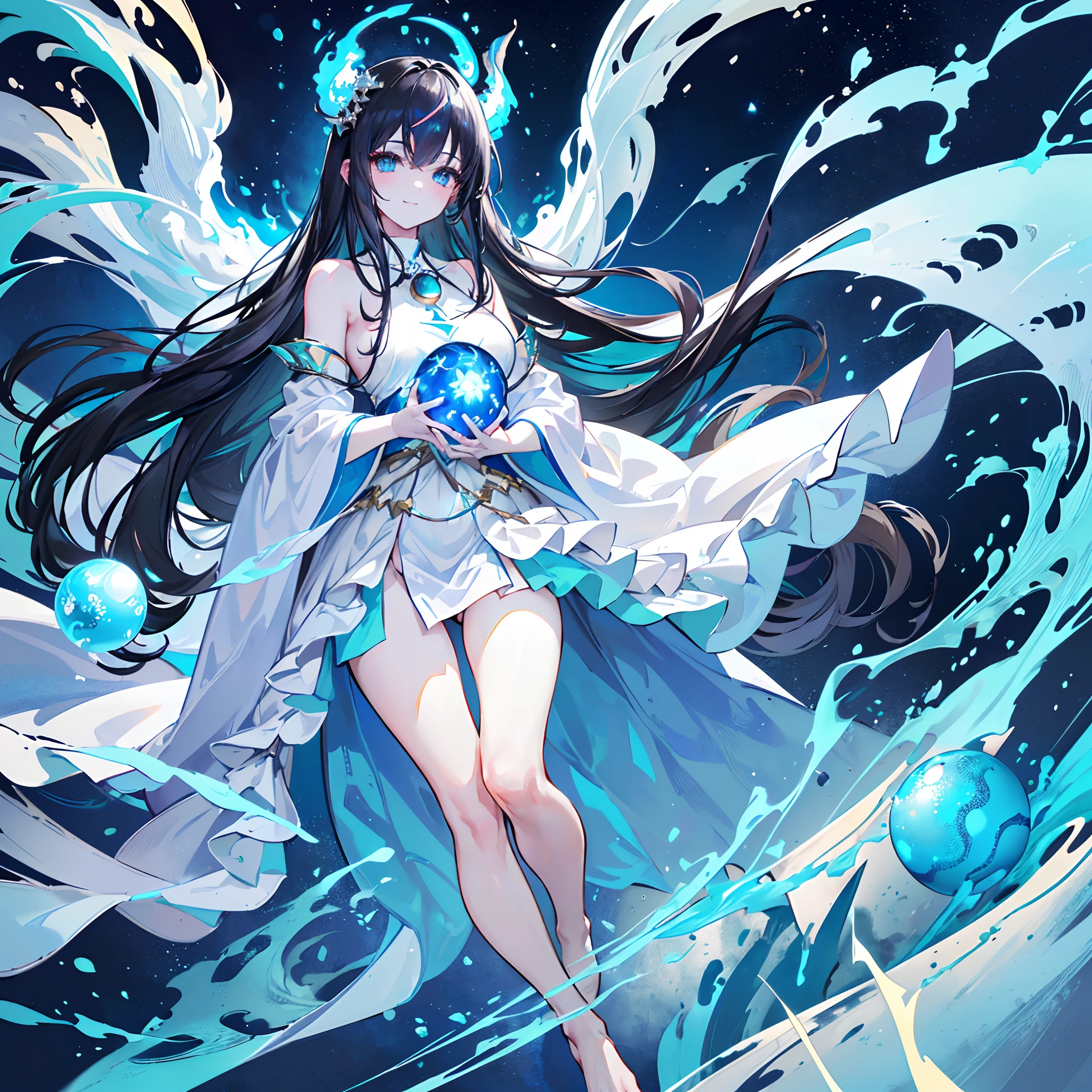 A far view of an Anime adult girl, ((white and aqua robe)), gold hand and thigh accessories, long-ish ((black hair)), blue eyes, nose, sm((smiling)), pale skin, neck, shoulders, small chest, arms, (((((blue fire burning the entire body: 1.5))))), regular waist, legs, big thigh, bare round feet, medium breasts, ((adult face)), blue stripes outfit, (((standing on top of a volcano))), cinematic light, high resolution, highest quality, ultra detailed, detailed face, (detailed eyes), best quality, hyper detailed, masterpiece, (detailed face), clean face, (((wearing a blue fire crown))), (((((holding a blue energy orb in her hands: 1.3)))))