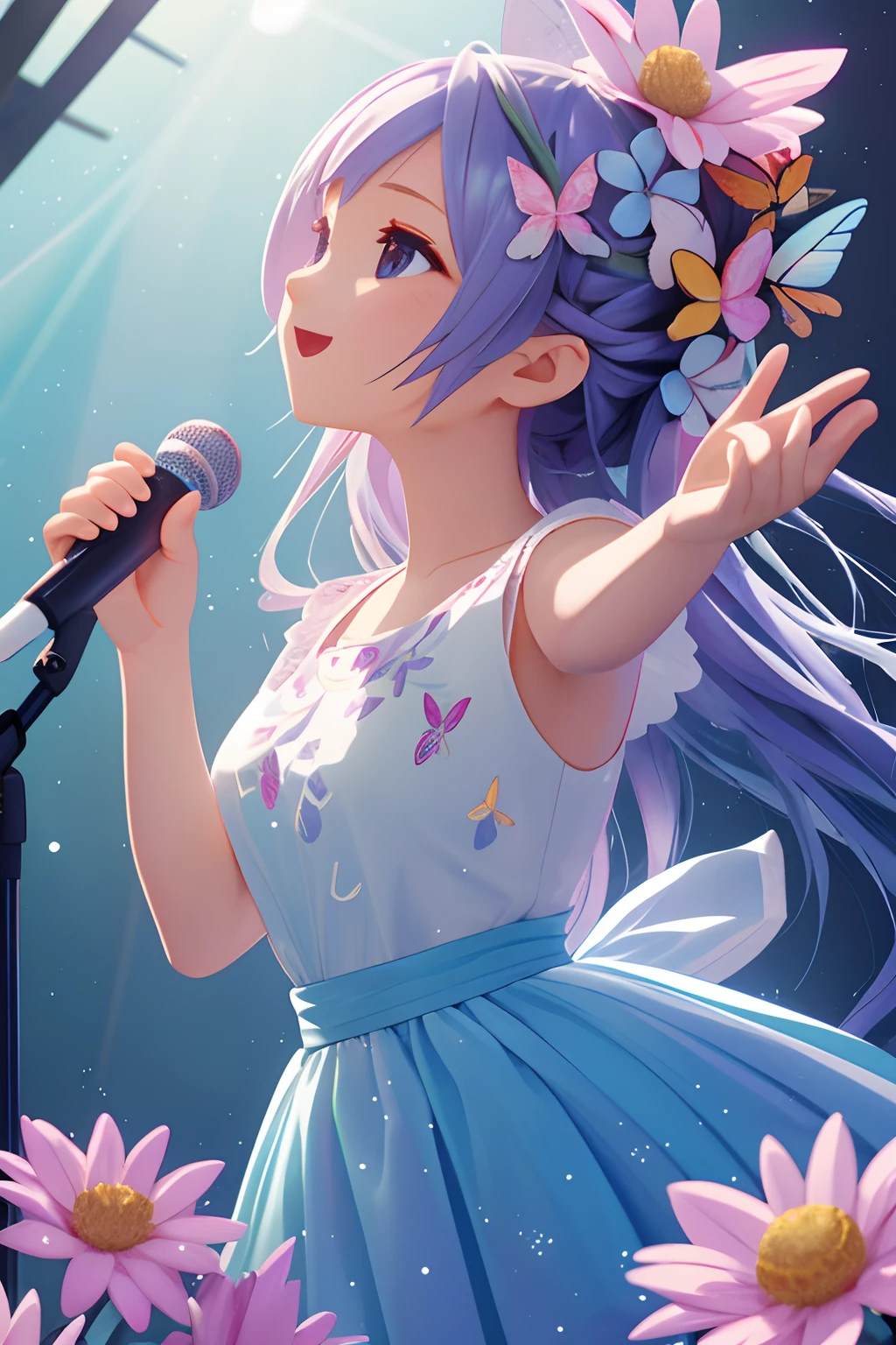 Octane Render、(Hyper-detailing: 1.15)、(Soft light、sharp: 1.2)、songstress、sings、full body Esbian、ultradetailed eyes、Full Paint、Splash、(Floral hair ornament、butterfly hair ornament)、 masutepiece、Anatomically correct、Sing as if floating in the light