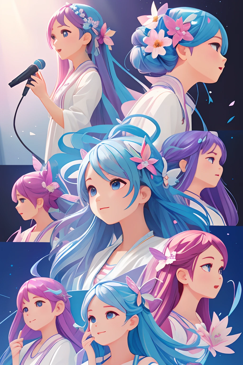 Octane Render、(Hyper-detailing: 1.15)、(Soft light、sharp: 1.2)、songstress、sings、full body Esbian、ultradetailed eyes、Full Paint、Splash、(Floral hair ornament、butterfly hair ornament)、 masutepiece、Anatomically correct、Sing as if floating in the light