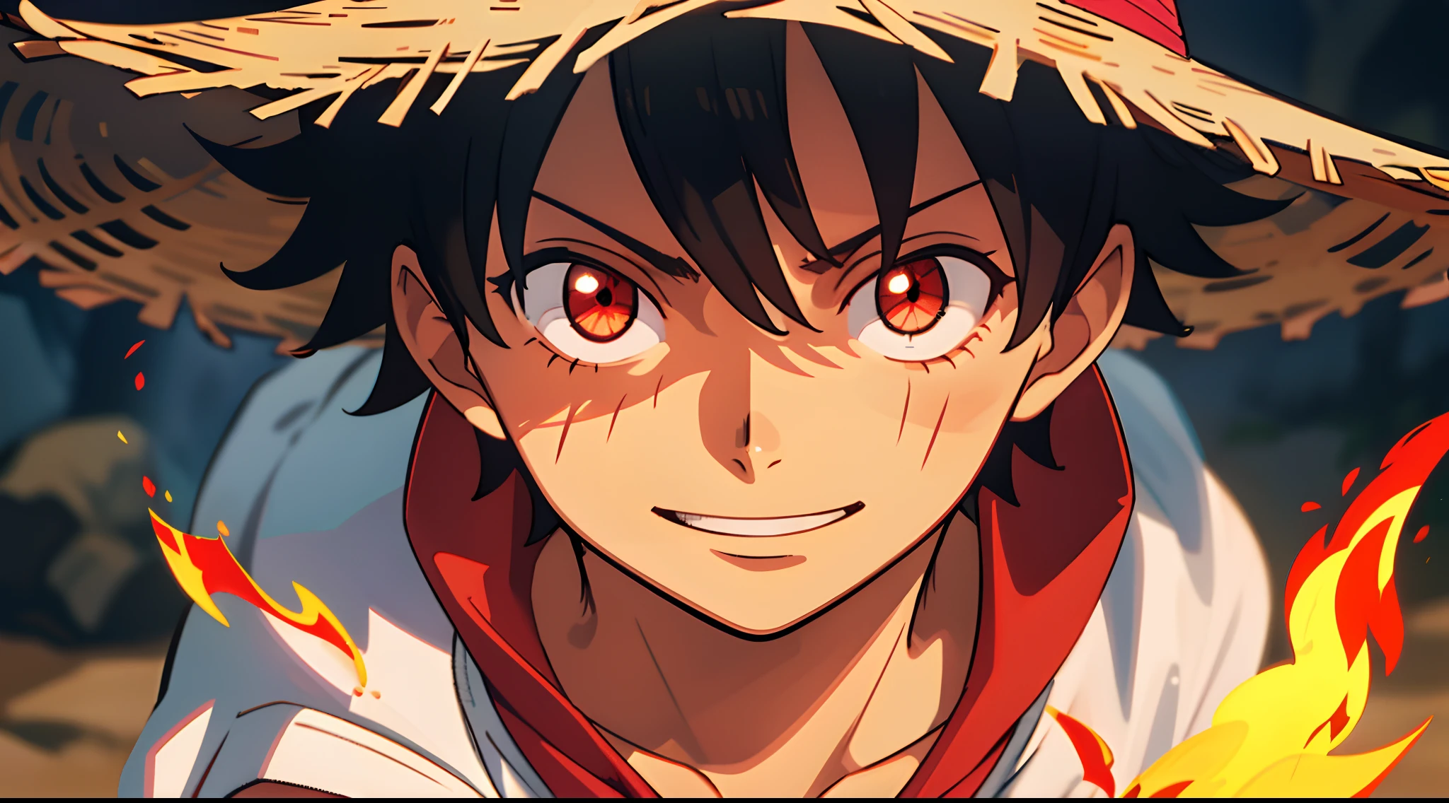 1boy, wanostyle, monkey d luffy, smiling, straw hat, looking at viewer, solo, upper body, ((masterpiece)), (best quality), (extremely detailed), depth of field, sketch, dark intense shadows, sharp focus, soft lighting, hdr, colorful, good composition, fire and crystal all around, spectacular, closed shirt, anime screencap, scar under eye, ready to fight, red eyes