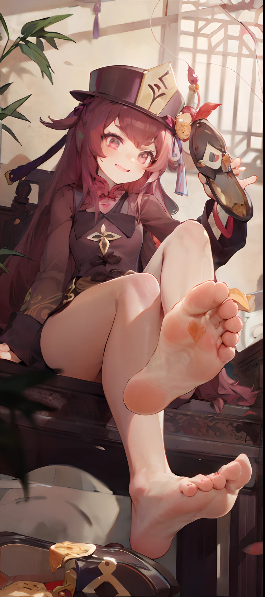 (A girl sits on a table)small li girl,standing on a shelf,small curvaceous loli,Barefoot,Long narrow eyes,A mocking expression,Beautifully designed traditional Chinese costumes,Soft and shiny fabric, Vibrant colors,elaborate detail,White and tender feet,Five toes,Details of the soles of the feet,Petite feet,Photorealistic style,Vivid colors,Detailed rendering,high resolution,4K quality,Sharp focus.