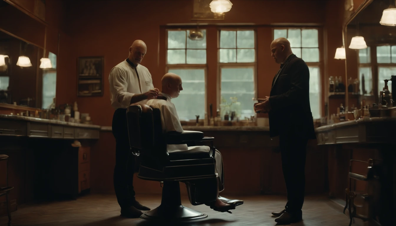 (8k, best quality, masterpiece:1.2),(best quality:1.0), (ultra highres:1.0),A barber standing in an old barber shop and a 23-year-old woman with a bald head sitting in a barber chair