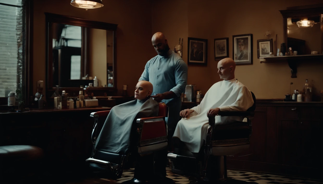 (8k, best quality, masterpiece:1.2),(best quality:1.0), (ultra highres:1.0),A barber standing in an old barber shop and a 23-year-old woman with a bald head sitting in a barber chair