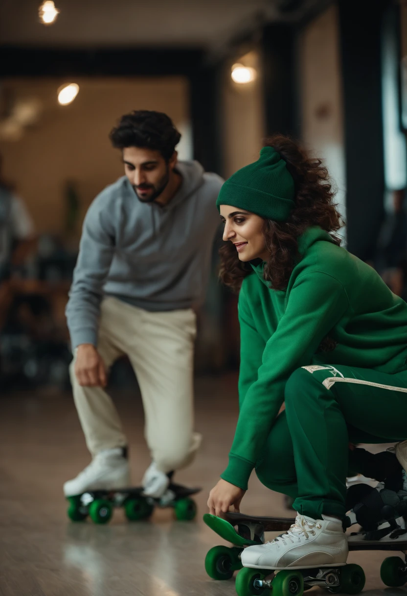 A beautiful iranian lady in skate salon and wearing a green sweatshirt and matching pants.
 with her boyfreind in a gray shirt and cream pants
Both of them have inline skates and are competing