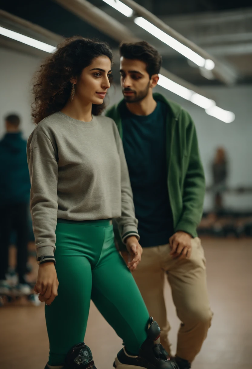 A beautiful iranian lady in skate salon and wearing a green sweatshirt and matching pants.
with her boyfreind in a gray shirt and cream pants
Both of them have inline skates and are competing