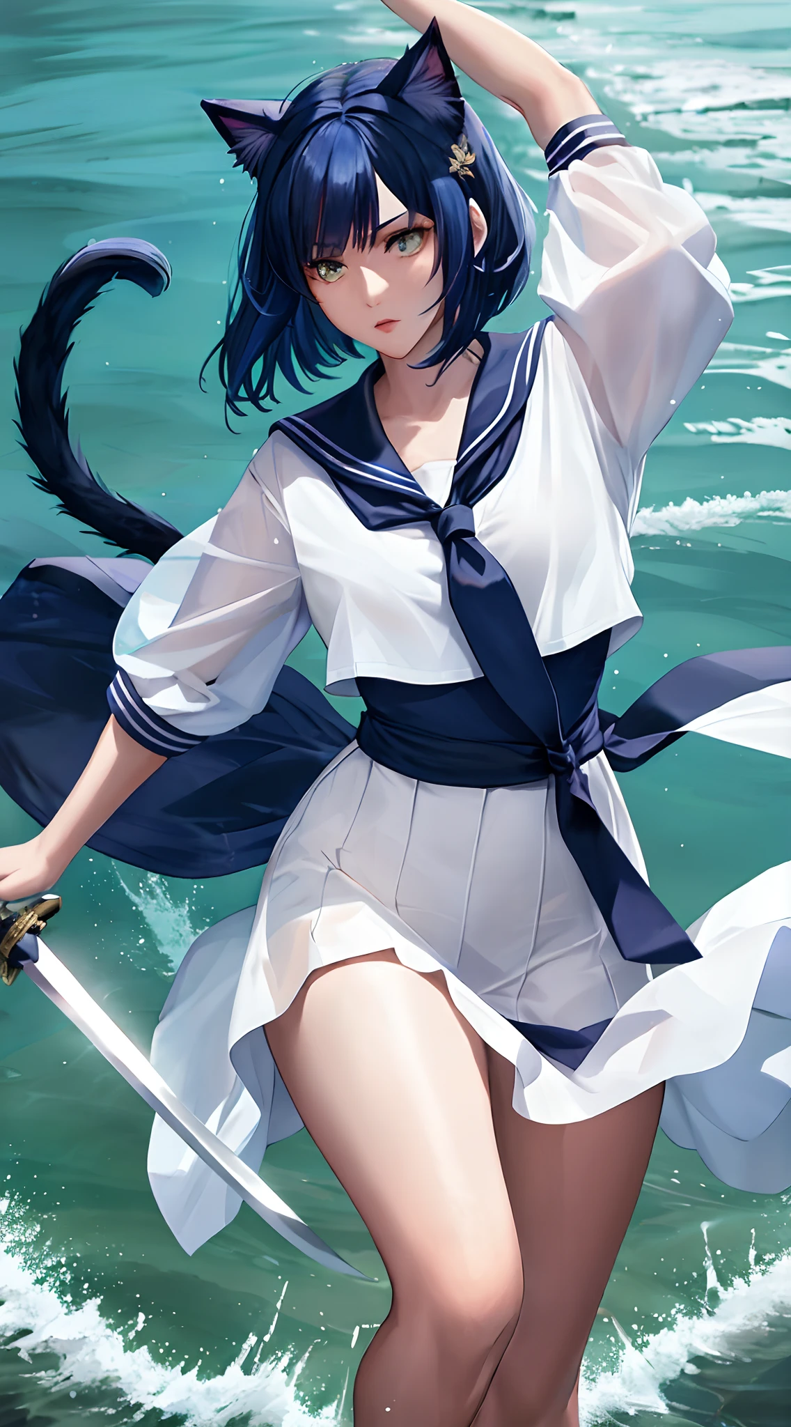Girl Fighting with Swords Dark Blue Hair Bob Hair Sailor Suit