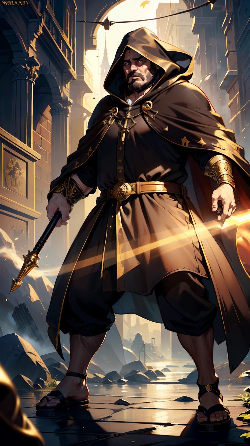 masterpiece, ultra detailed, 8K Portrait, Raw photo, man's portrait photography, full body, Highly detailed face, ((Fantasy)), 1 man, (fat man), Adult, 55 years old, (((((vulgar face))))), (((((pee odor woman))))), (((sorcerer))), sticky short ((black)) hair, (((brown long cloak with gold accessory))) Fluttering in the wind, (((dark brown long robe))), leather sandal, ((equip a white long magic wand)), Midday Sun, Hyper realistic, lazy body, in the medieval adventurer's guild, Ambient lighting, Shadow details , Camera focus on face, strong breeze, Light fog