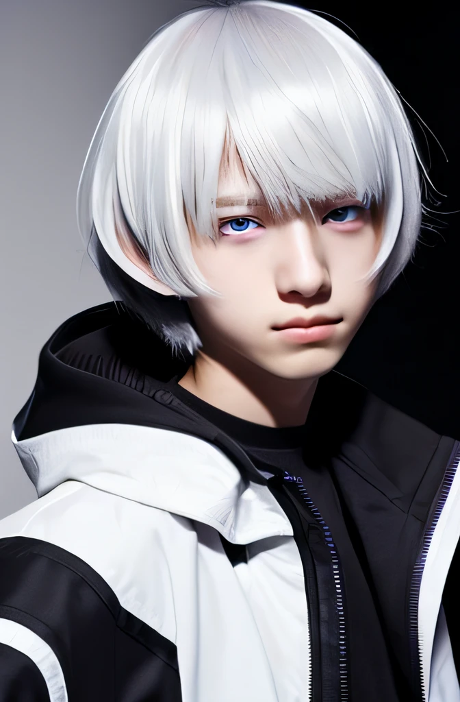 1boy, teenage, bobcut hair, white hair, purple eyes, no expression, robot arm and neck, black jacket, a gun, young, white background, lazy eyes,