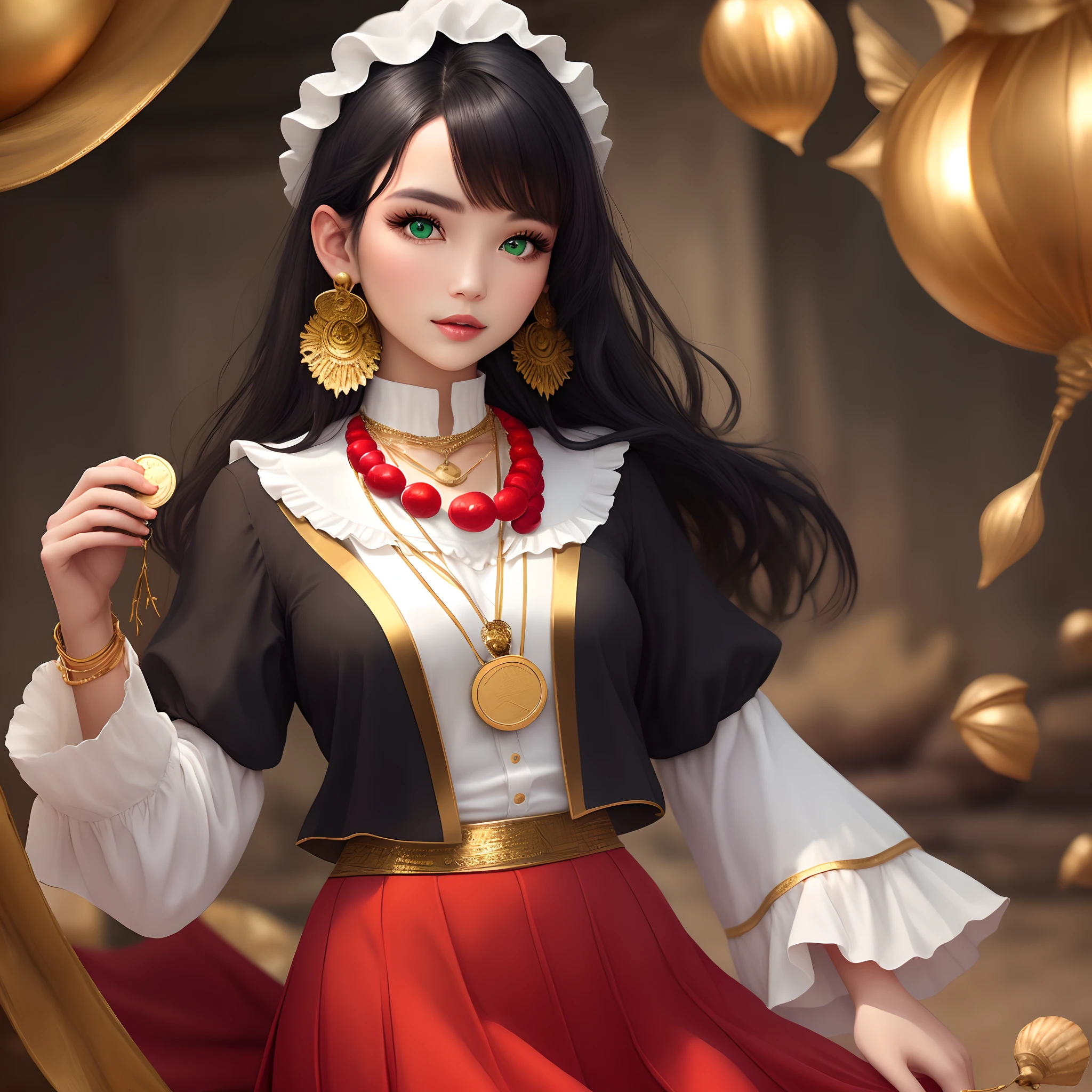 Gypsy woman with green eyes, black hair, White blouse with gold medals and red skirt with ruffles, Shell necklaces.