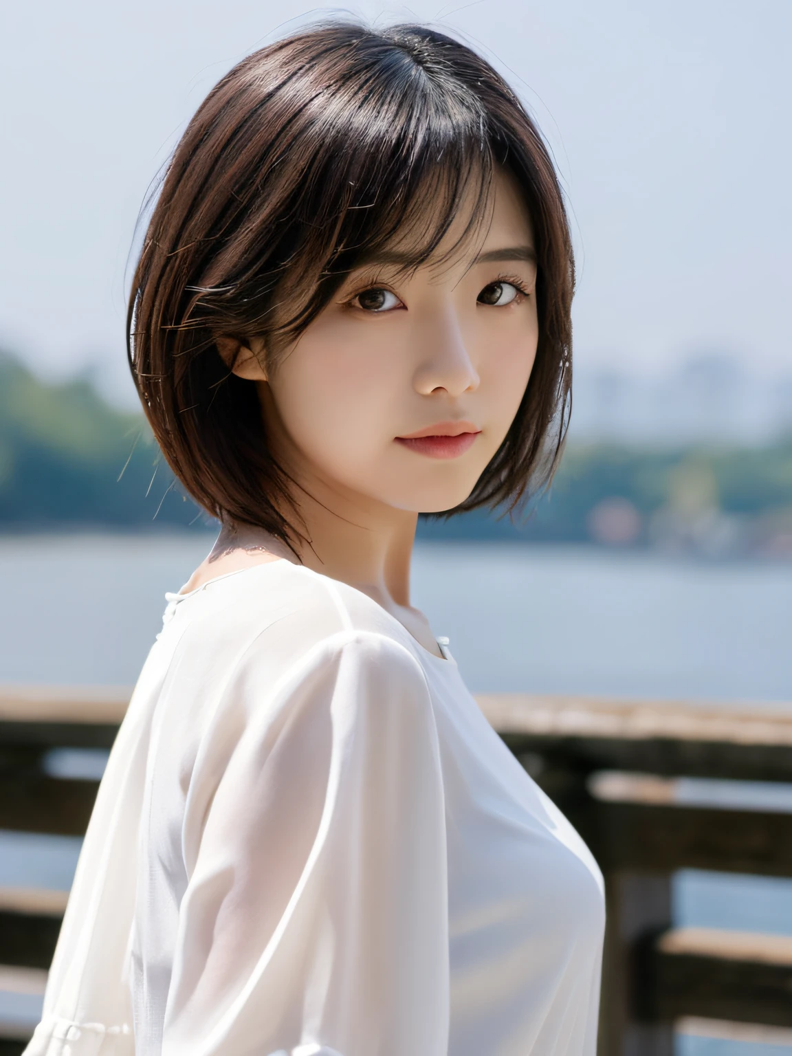 top-quality、超A high resolution、(Photorealsitic:1.4)、女の子1人、(faded ash gray hair:1)、Small breasts、looking at viewert、a closeup、short-hair、A Japanese Lady、white backgrounid、takeout、Natural styling、Looking at the camera、Cute impression、A simply dressed、white shirt、Less exposure