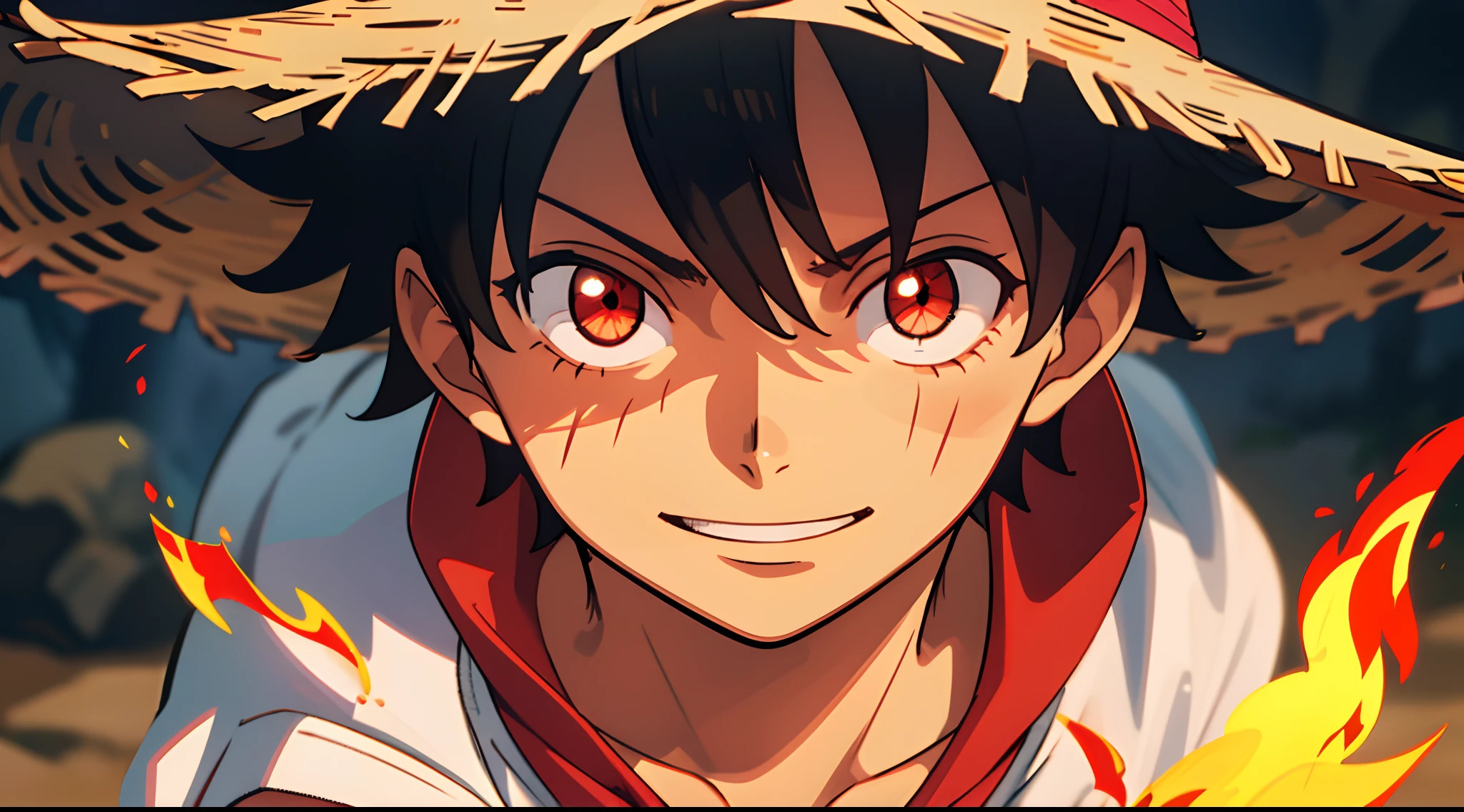 1boy, wanostyle, monkey d luffy, smiling, straw hat, looking at viewer, solo, upper body, ((masterpiece)), (best quality), (extremely detailed), depth of field, sketch, dark intense shadows, sharp focus, soft lighting, hdr, colorful, good composition, fire and crystal all around, spectacular, closed shirt, anime screencap, scar under eye, ready to fight, red eyes