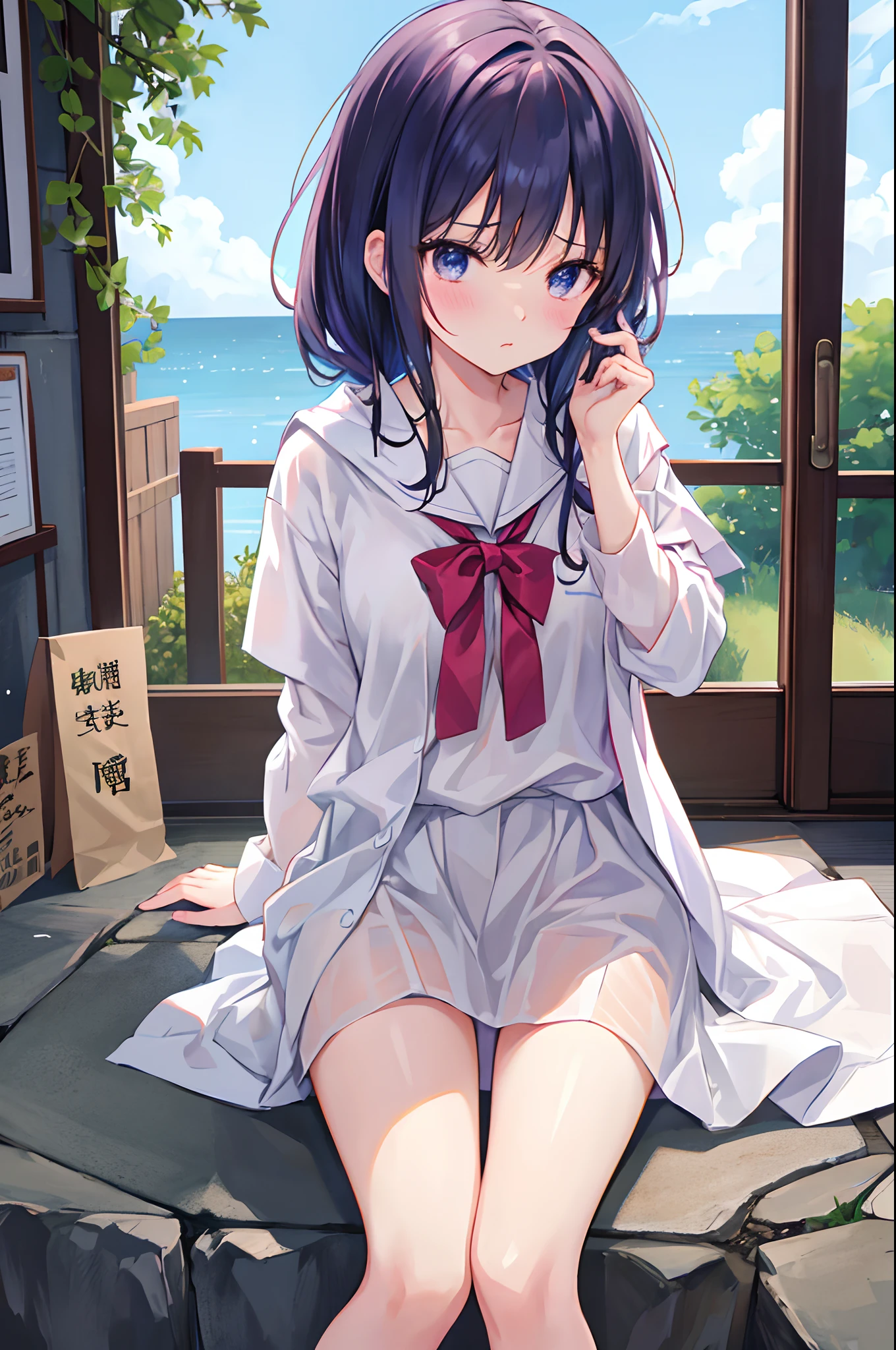 Anime girl sitting on a bed with a cell phone to her ear - SeaArt AI