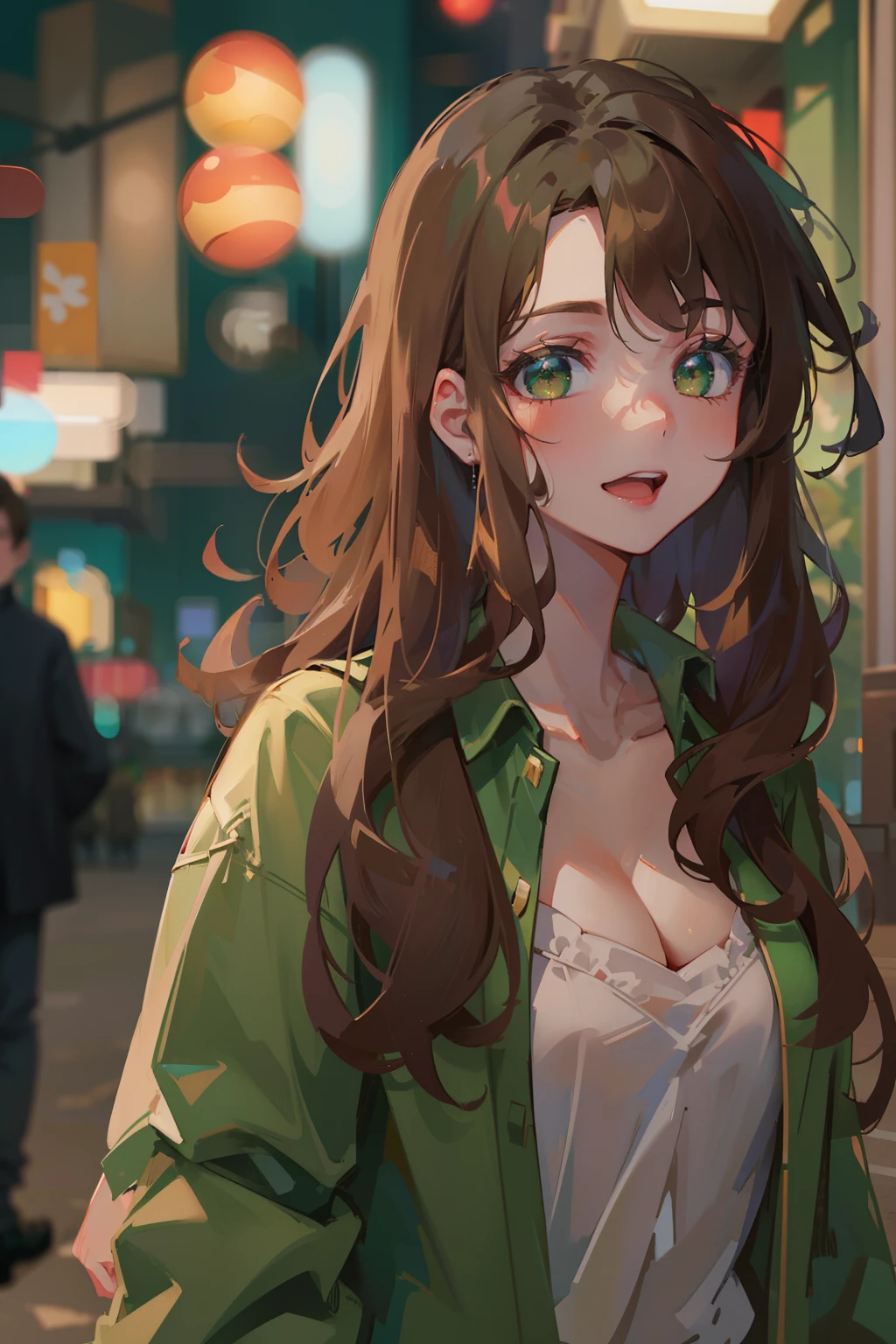 (masterpiece), best quality, ultra high res, sharp focus, ((1 woman, solo)), (warm pastel color), perfect feminine face, full body, long shot, (in the night time:1.2), on the vibrant city, in the crowds, beautiful detailed hair, chesnut brown hair, long hair, ((beautiful shape eyes, green eyes)), beautiful face, smiles, look at the viewer