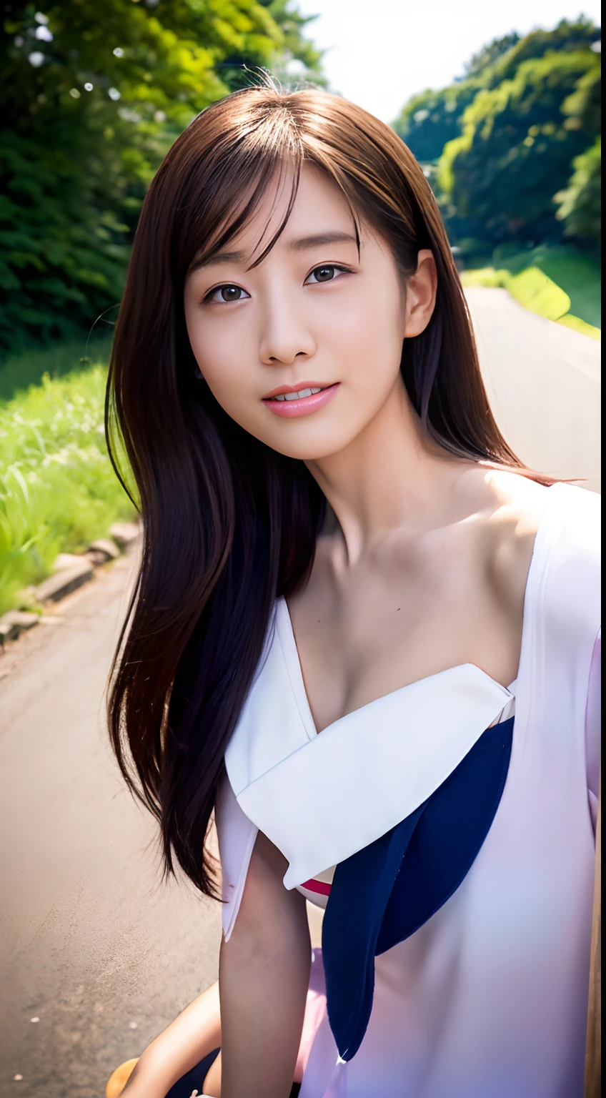 (masutepiece:1.3), (8K, Photorealistic, Raw photography, Best Quality: 1.4), japanse, Beautiful face, (Lifelike face), (Long-haired hair:1.3), Realistic eyes, Beautiful eyes, (realskin), Beautiful skin, Ultra high definition, Hyper-realistic, hight resolution, Beautiful Japan Woman、(Change of clothes:1.5)、small tit、a sailor suit、hi-school girl、cleanness、Pink skin、 Glowing pink skin、Mole、Bright red lipstick、small tits、Small breasts、Slimed、Summer sky、Into the cloud、country road、torii gate、shrines、blue-sky、Laugh、Twin-tailed、rice fields、summer day、Summer twilight