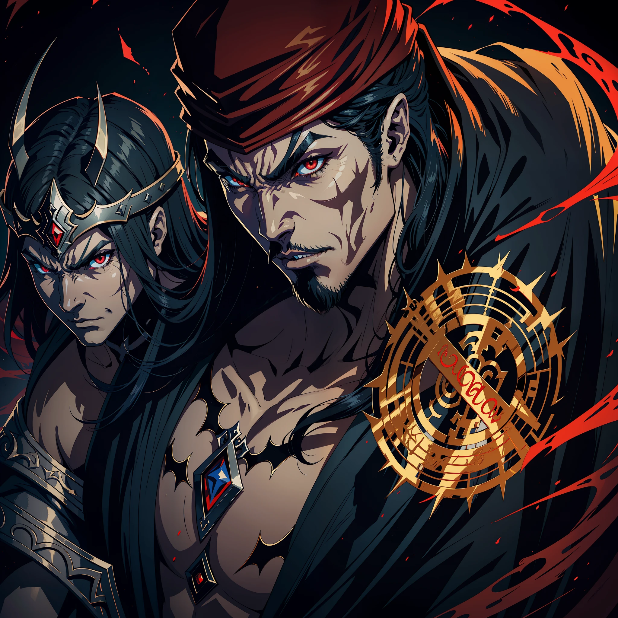 Castlevania Hyper Realistic Shadow Lord Super Detailed Dynamic Plan Master Piece of Lord Dracula Medieval Arab Warrior with Red Turban Scary Face Hokuto No Ken Structure Muscular Face Kenshiro Leading Troops Demon Army to Fight Sharp Details Cinematic Scenes Epic Movie Movie Legendary Hyper Realistic Epic Movie