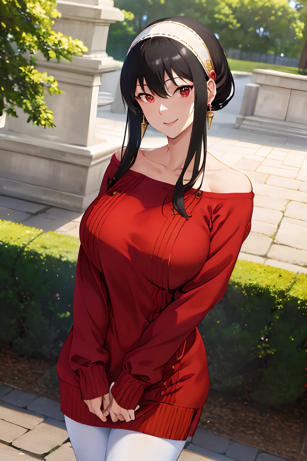 masterpiece, best quality, highres, bbyorf, short hair with long locks, white hairband, red eyes, gold earrings, large breasts, jewelry, off shoulder, Red sweater, sweater dress, long sleeves, black pantyhose, outdoors, standing cowboy shot, smile