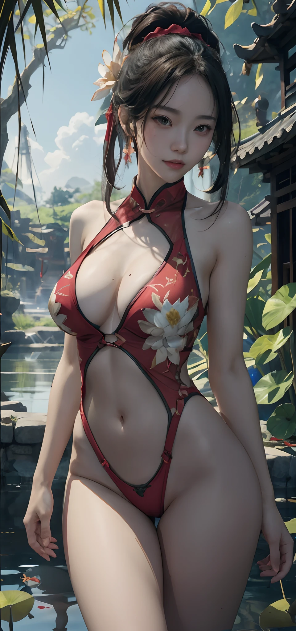 anime girl in a red bikini posing in front of a pond, extremely detailed artgerm, by Yang J, trending on cgstation, seductive anime girl, ross tran 8 k, beautiful alluring anime woman, by Li Song, tithi luadthong, inspired by Fenghua Zhong, ig model | artgerm, by Ren Xiong