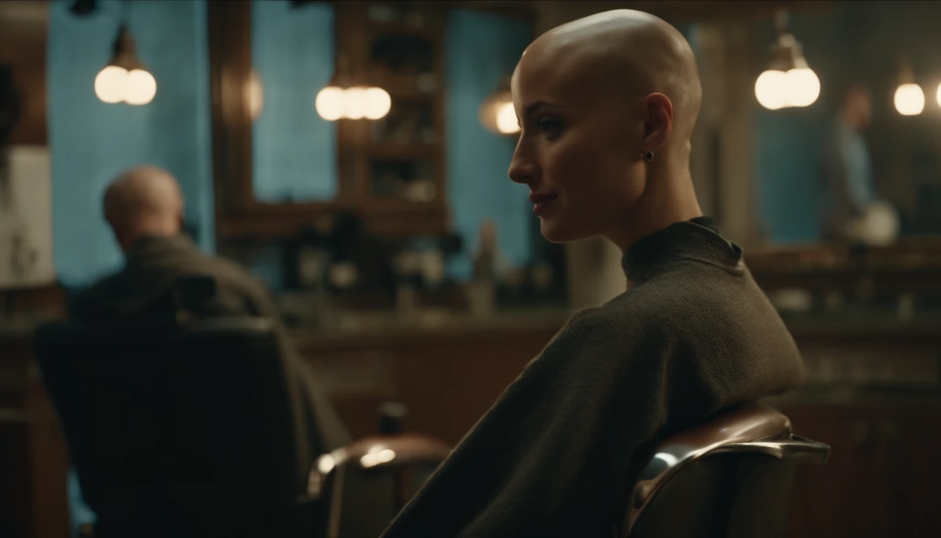 (8k, best quality, masterpiece:1.2), (best quality:1.0), (ultra highres:1.0), 23-year-old woman with bald head sitting in a barber chair