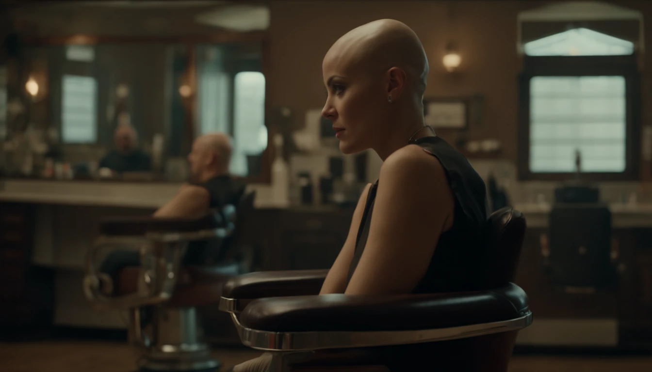 (8k, best quality, masterpiece:1.2), (best quality:1.0), (ultra highres:1.0), 23-year-old woman with bald head sitting in a barber chair