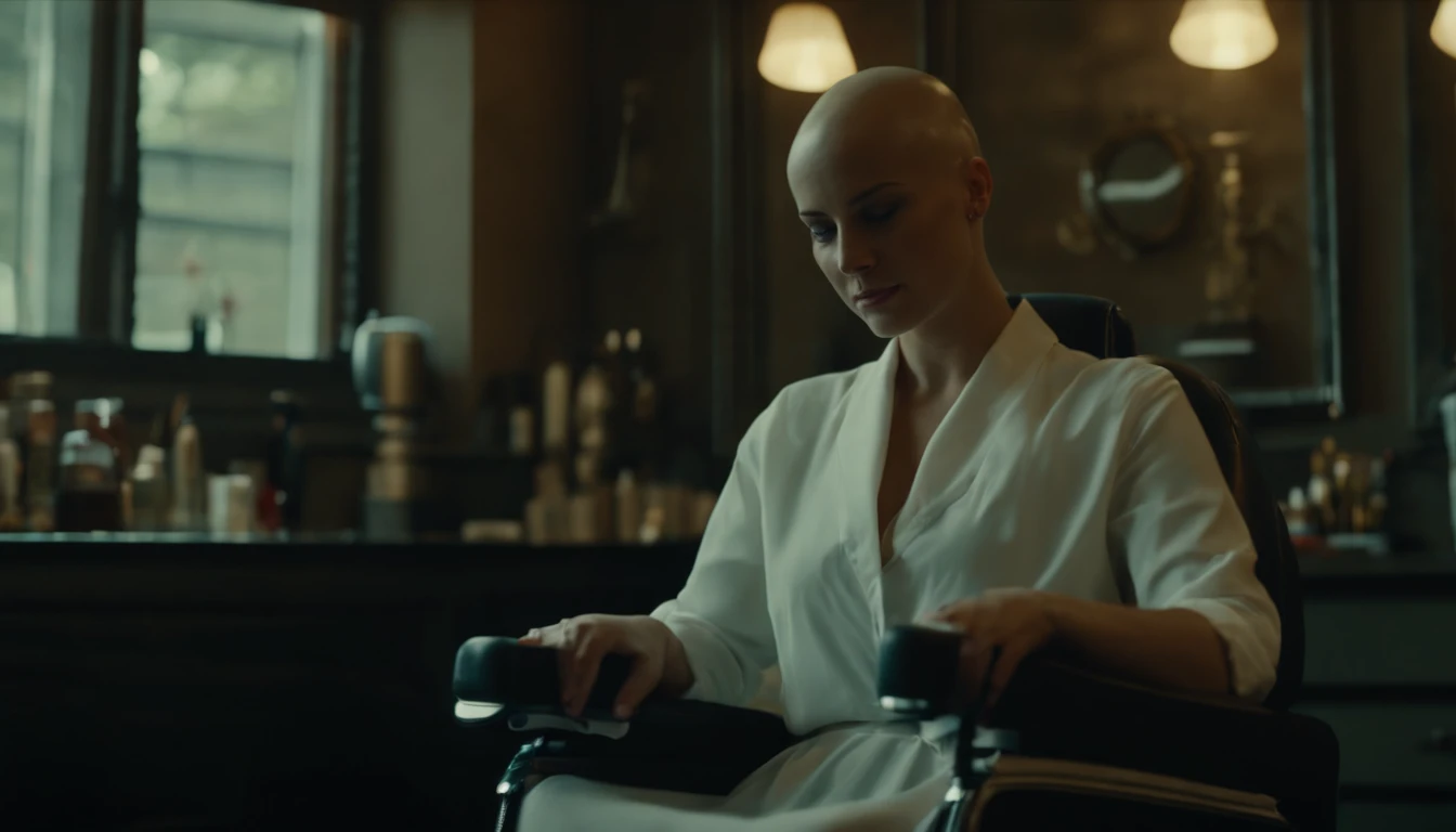 (8k, best quality, masterpiece:1.2), (best quality:1.0), (ultra highres:1.0), 23-year-old woman with bald head sitting in a barber chair