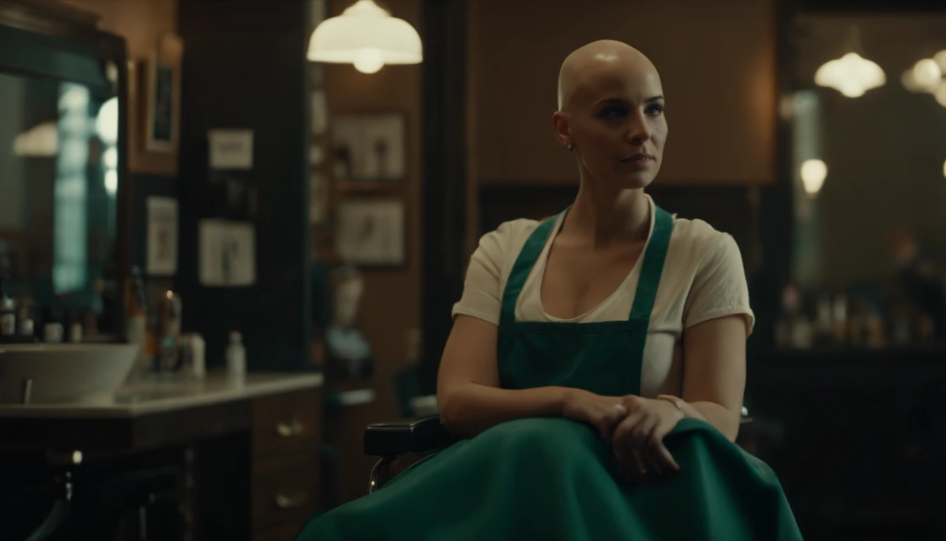 (8k, best quality, masterpiece:1.2), (best quality:1.0), (ultra highres:1.0), 23-year-old woman with bald head sitting in a barber chair