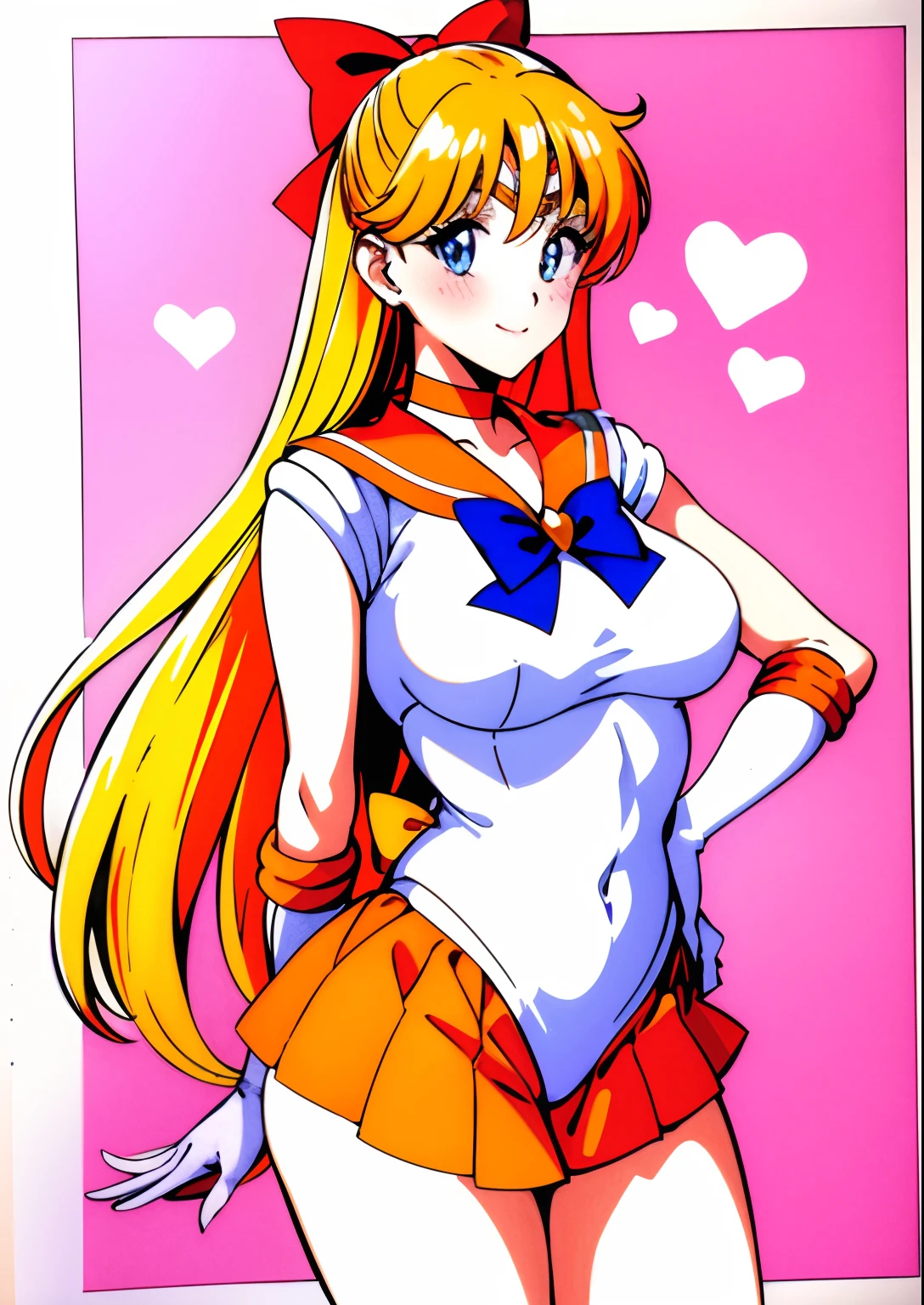 aino minako、Sailor Senshi Uniform、Anime Aunt、A MILF、a matural female、Older、age 40s、MILF、orangechoker、gold choker、elbowgloves、sailorvenus、Very long blonde woman、Orange miniskirt、Gold miniskirt、 white glove、Orange sailor collar、Gold sailor collar、solo、Woman with very large breasts, Red ribbons、White leotard、highleg、highleg leotard、robe blanche、purple bowtie、magical little girl、耳Nipple Ring、smile、heart_background、traditional_media、jewelry、circlet、Blue-eyed woman、looking_at_viewer、shiny、Half Up Hair、mature、rating:questionable、closed_mouth、pleatedskirt、wide-hips、cowboy_shot、impossible_clothes、bangs、shiny_skin、purple_background、Woman standing、eyebrows_visible_through_hair、shiny_hair、blush、rating:safe、bare legs、Bare shoulders、1990's\(styles\)