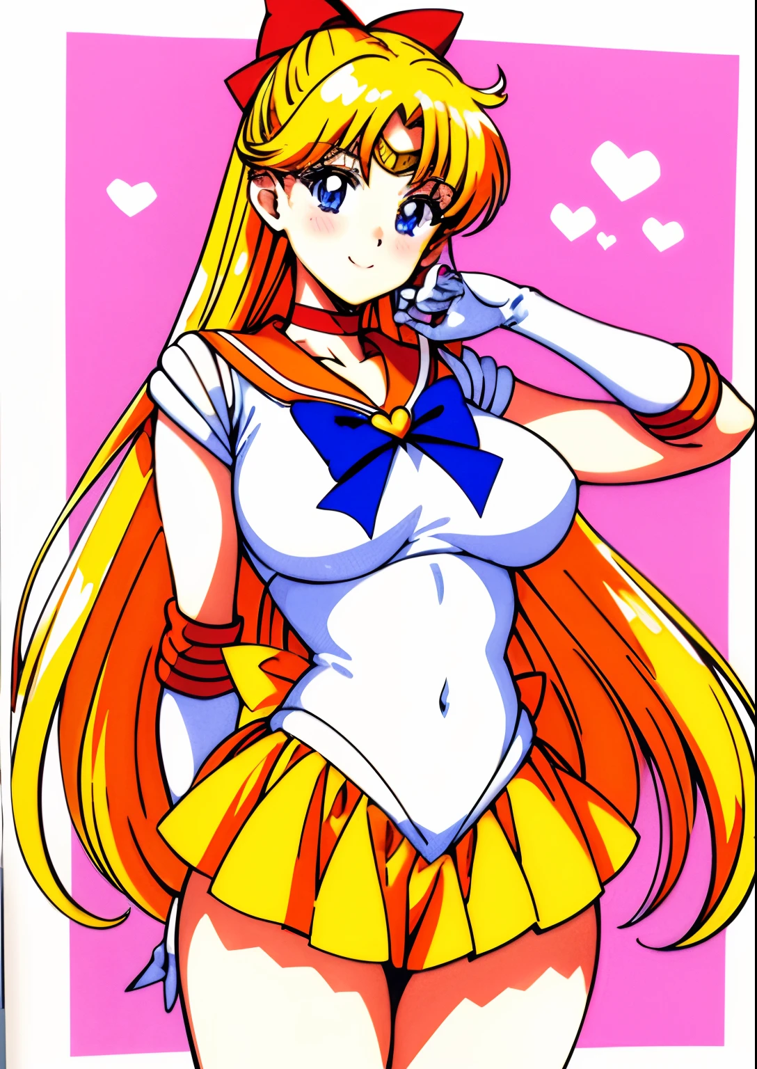 aino minako、Sailor Senshi Uniform、Anime Aunt、A MILF、a matural female、Older、age 40s、MILF、orangechoker、gold choker、elbowgloves、sailorvenus、Very long blonde woman、Orange miniskirt、Gold miniskirt、 white glove、Orange sailor collar、Gold sailor collar、solo、Woman with very large breasts, Red ribbons、White leotard、highleg、highleg leotard、robe blanche、purple bowtie、magical 、耳Nipple Ring、smile、heart_background、traditional_media、jewelry、circlet、Blue-eyed woman、looking_at_viewer、shiny、Half Up Hair、mature、rating:questionable、closed_mouth、pleatedskirt、wide-hips、cowboy_shot、impossible_clothes、bangs、shiny_skin、pink_background、Woman standing、eyebrows_visible_through_hair、very_long_hair、shiny_hair、blush、rating:safe、bare legs、Bare shoulders、1990's\(styles\)