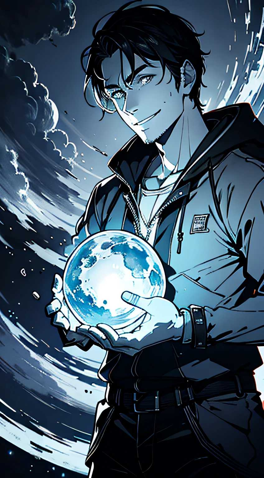 a man with power orb in his hand, plain terrain background ,dark clouds, smiling standing grinning dark