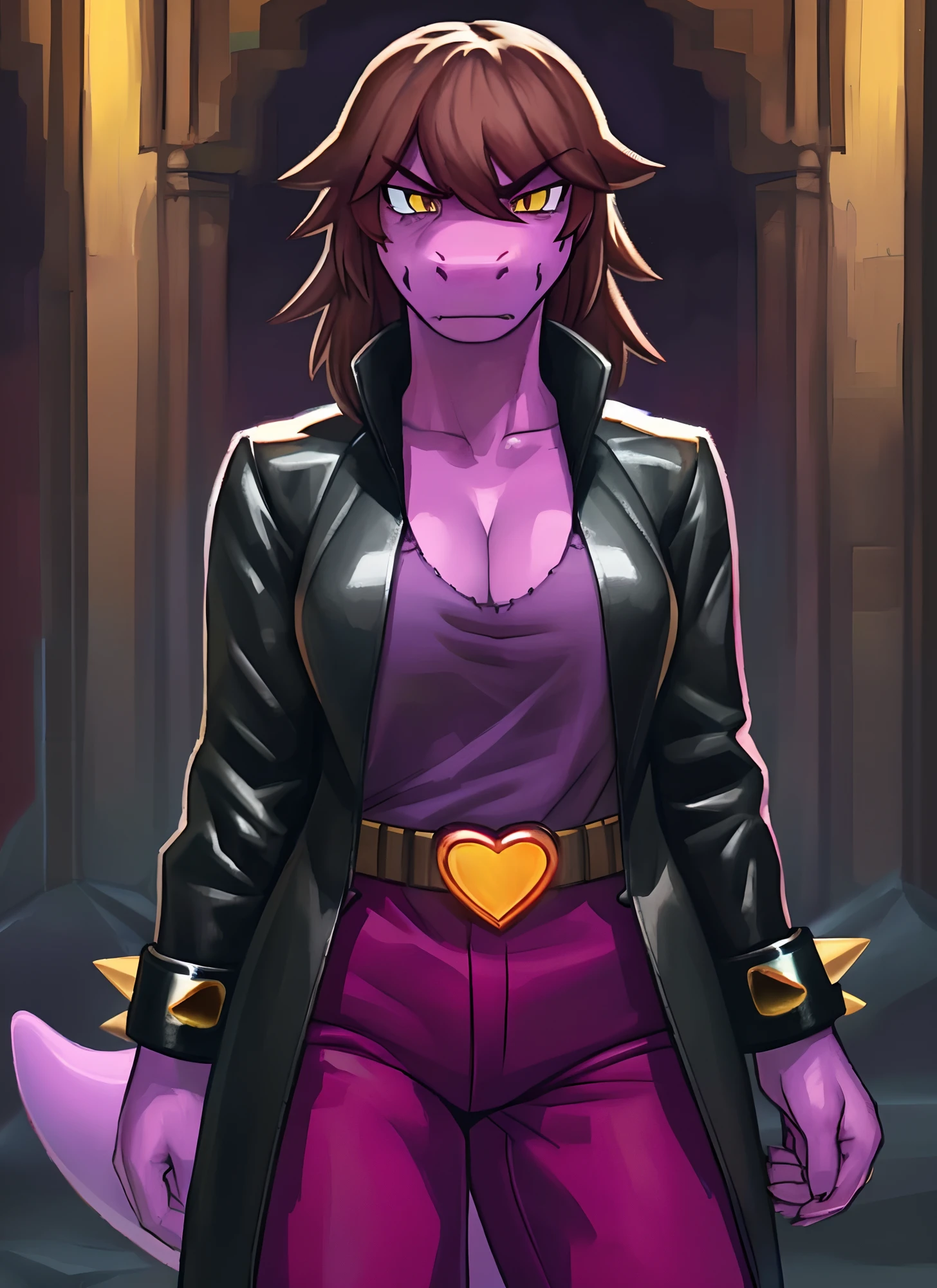 score_9,score_8_up,score_7_up, Lynx, (purple fur), purple eyes, anthro, ((medium hair)), wavy hair, purple hair, eyeliner, eyelashes, black eyeshadow, cheeks tuft, shoulder tuft, male focus, femboy, one fang, fluffy neck, icon portrait, claws, black nails, :p, frown, evil smile, neon, navel, crotch tuft, belt, (holster), leg warmers, pink clothes, nipples, solo focus, soft body, penis, hand on butt, fuzzy, paw pose, by bonifasko