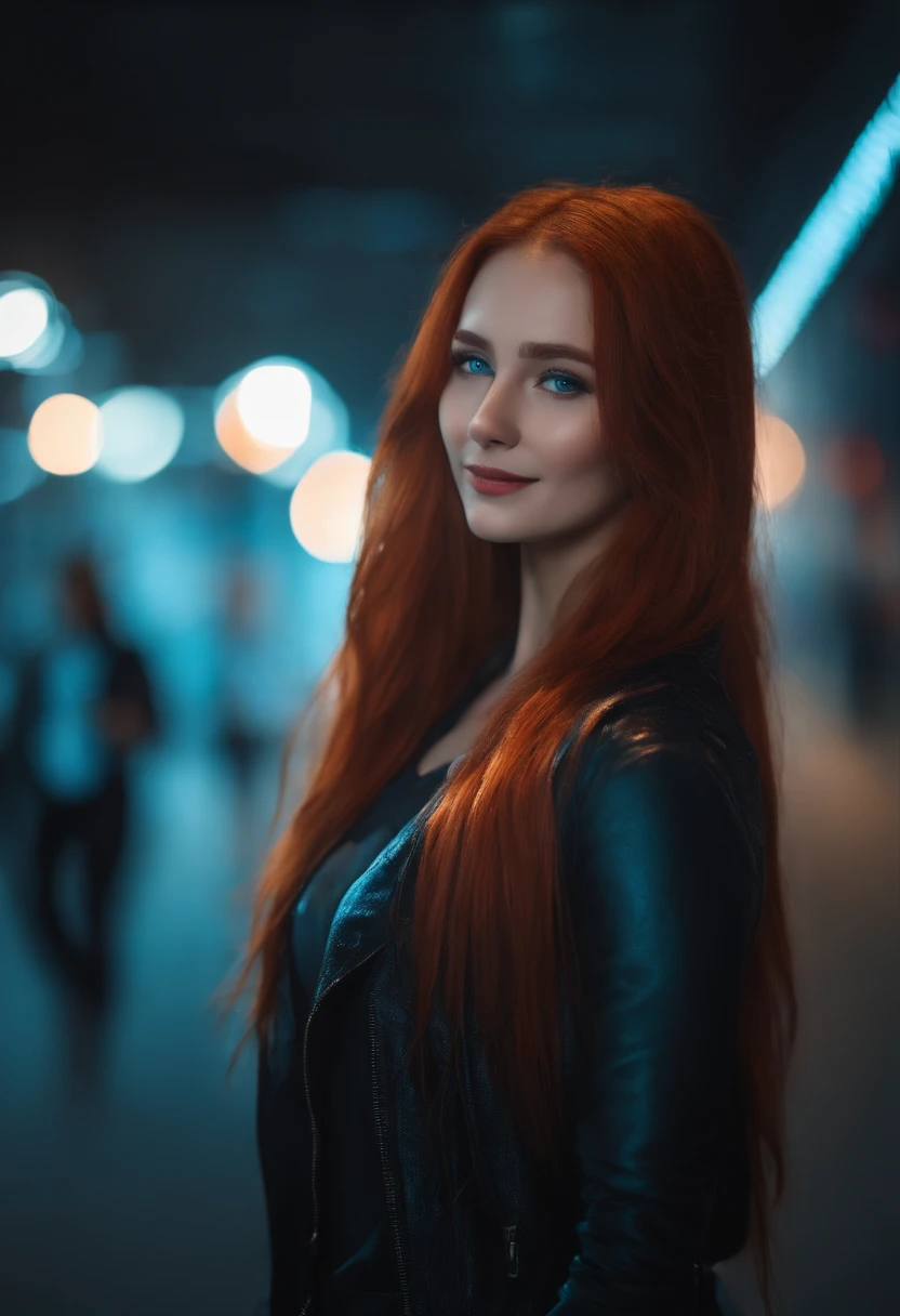 masutepiece , girl with , Red very long hair , Blue eyes , gradient , Perfect figure , ( tech wear:1.2) , Cyberpunk , Future , modernity , in the cyberpunk city, lite smile , Detailed face ,, , (8K, Best Quality 1.2), Ultra-detailed, 8K UHD,, Soft lighting, High quality, Film grain, Beautiful lighting,, (Cinematic:1.4) ,Perfect body , Best Illumination, Best Shadow, sharpness, Contrasty,