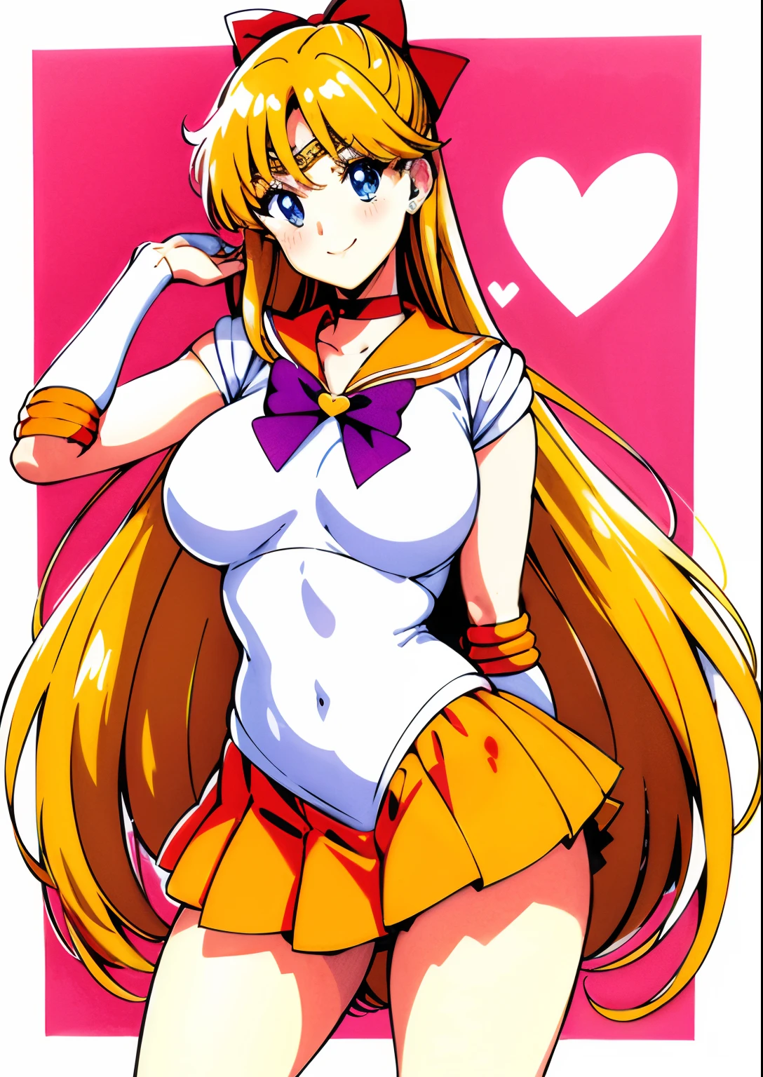 aino minako、Sailor Senshi Uniform、Anime Aunt、A MILF、a matural female、Older、age 40s、MILF、orangechoker、gold choker、elbowgloves、sailorvenus、Very long blonde woman、Orange miniskirt、Gold miniskirt、 white glove、Orange sailor collar、Gold sailor collar、solo、Woman with very large breasts, Red ribbons、White leotard、highleg、highleg leotard、robe blanche、purple bowtie、magical 、耳Nipple Ring、smile、heart_background、traditional_media、jewelry、circlet、Blue-eyed woman、looking_at_viewer、shiny、Half Up Hair、mature、rating:questionable、closed_mouth、pleatedskirt、wide-hips、cowboy_shot、impossible_clothes、bangs、shiny_skin、pink_background、Woman standing、eyebrows_visible_through_hair、very_long_hair、shiny_hair、blush、rating:safe、bare legs、Bare shoulders、1990's\(styles\)