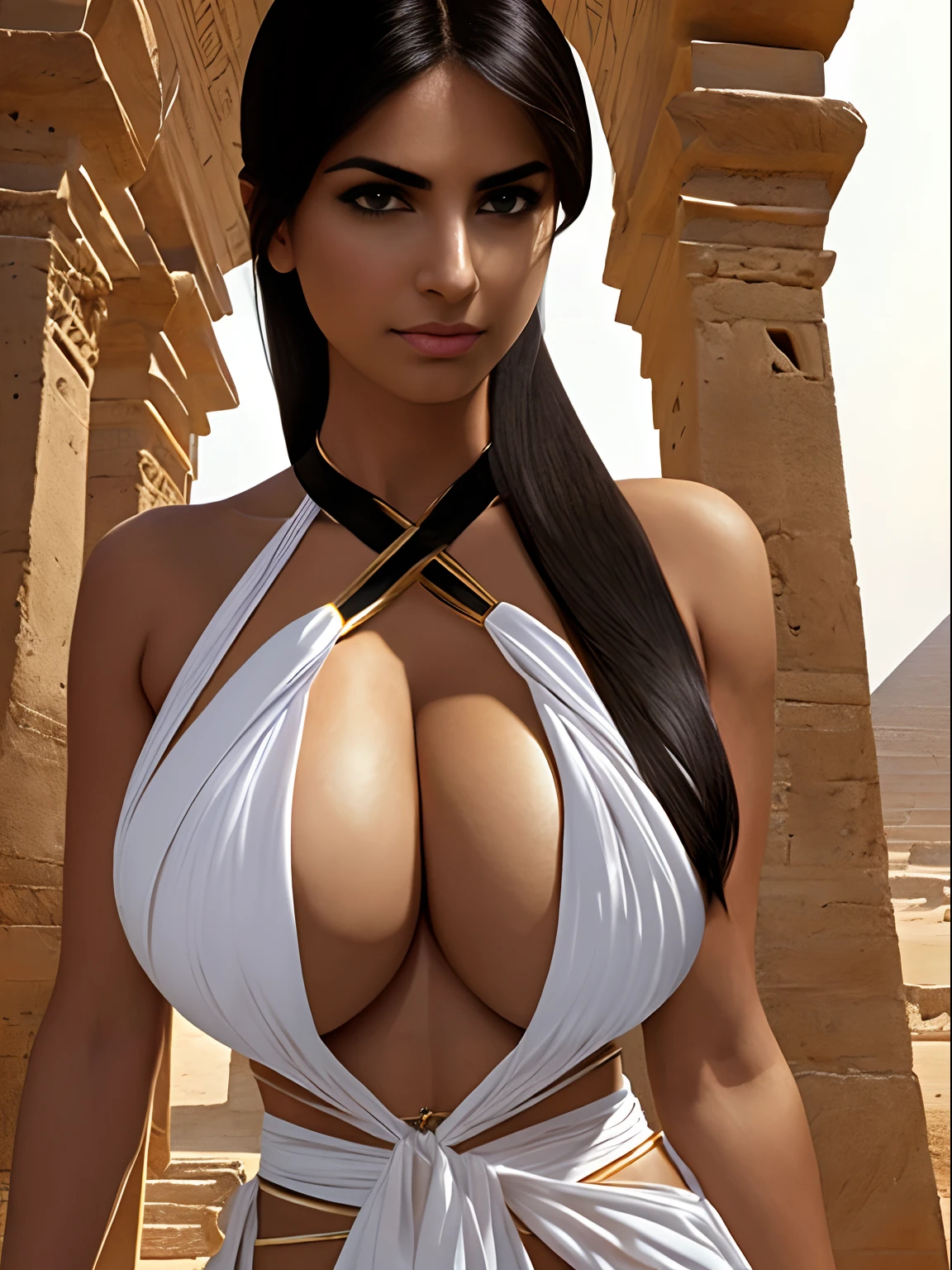 (masterpiece, top quality, best quality, official art, beautiful and aesthetic:1.2), (1girl:1.3), long and straight black hair, tanned skin, extremely detailed, portrait, looking at viewer, solo, (full body:0.6), detailed background, close up, mischievous eyes, (hot summer Egypt theme:1.1), Egyptian duelist woman, heavy Egyptian makeup, winged eyeliner, (very long neck), Persian nose, bold nose, long nose, arched nose, downturned nose, large nose, dark tan skin, charlatan, smirk, mysterious, walking in desert, revealing white and gold and sapphire Egyptian silks, cobra headdress, white short skirts, ((draped halter top), criss cross halter top, criss-cross halter top, criss cross straps, criss-cross straps), jewelry, white fabric, gold jewelry, precious stones, dual sickle swords, ((((gigantic breasts, gigantic boobs, gigantic tits, cleavage)))), slim waist, slim hips, long legs, ancient (Egyptian temple exterior:1.1) background, dark mysterious lighting, shadows, magical atmosphere, dutch angle,