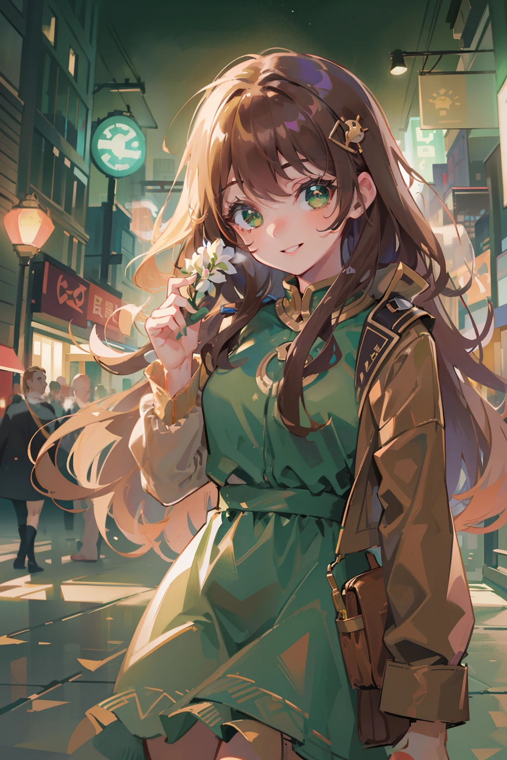 (masterpiece), best quality, ultra high res, sharp focus, ((1 woman, solo)), (warm pastel color), perfect feminine face, full body, long shot, (in the night time:1.2), on the vibrant city, in the crowds, beautiful detailed hair, chesnut brown hair, long hair, ((beautiful shape eyes, green eyes)), beautiful face, smiles, look at the viewer