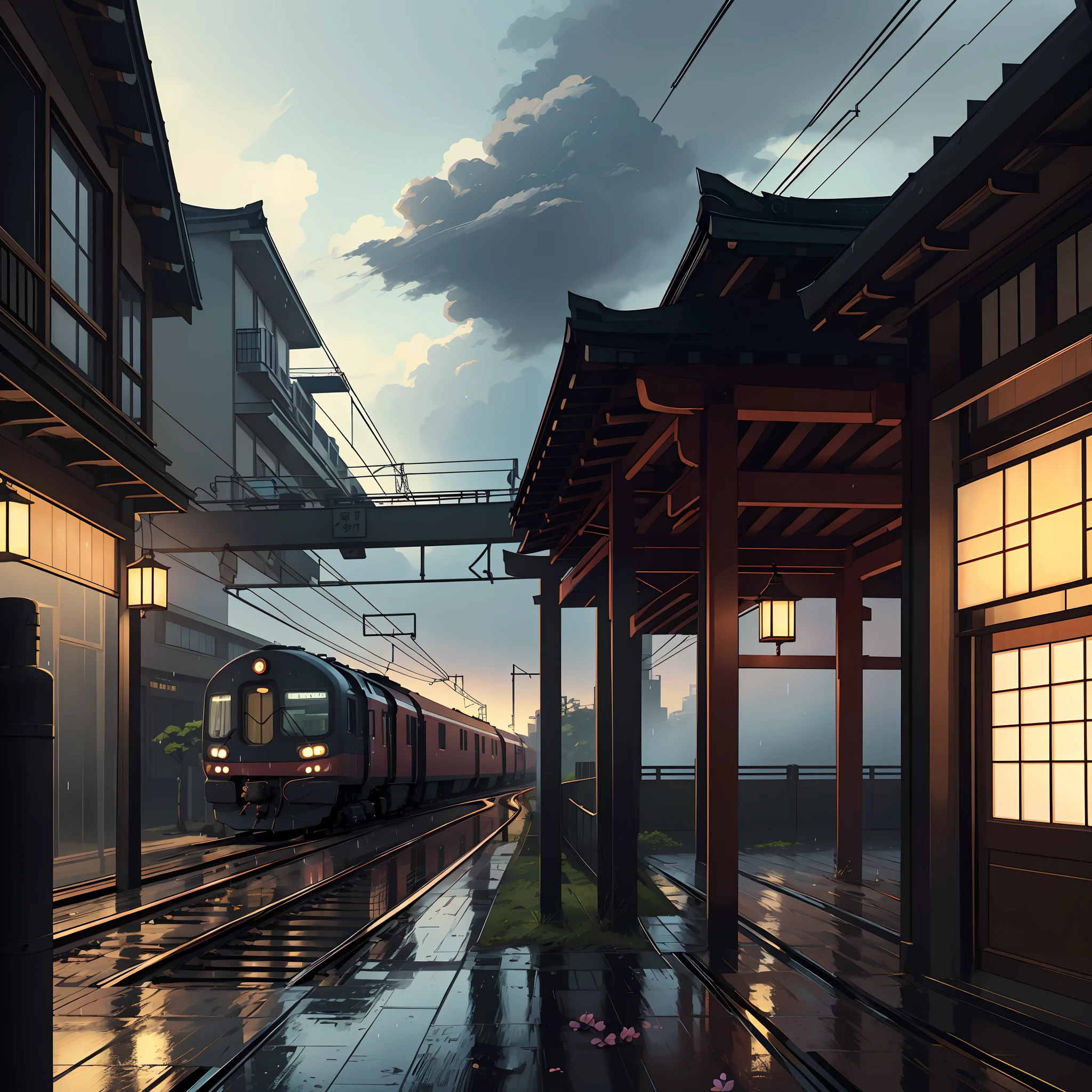 japanese train station, (no one: 1), japan, modern japanese architecture, best quality, japanese signs, anime, anime style, lofi, no one in sight, dramatic weather, night time, illuminated by lights, japanese train, modern train, anime background, anime wallpaper, anime scene, anime scenery, anime style, anime vibe, anime, japan, high details, best quality, masterpiece, tiny details, high detail, many details, sparkle, super detail, japanese signs, japanese banners, banners, plant pots, plants, cherry blossom trees, leaves falling on tracks, trash cans, (realistic,photorealistic:1.37), urban, compact, billboards, street lights, street lamps, (best quality,4k,8k,highres,masterpiece:1.2),ultra-detailed, lofi, lofi vibe, lofi stlye, dramatic weather, raining, heavy rain, puddles, rain drops, modern japanese architecture, no one in sight, (no one: 1), Conceptual art, anime, anime style, sparkle, glowing light, reflection light, cinematic lighting, UHD, masterpiece, super detail, high details, high quality, best quality, highres, train travelling along tracks, camera from the side of the train tracks on the platform,