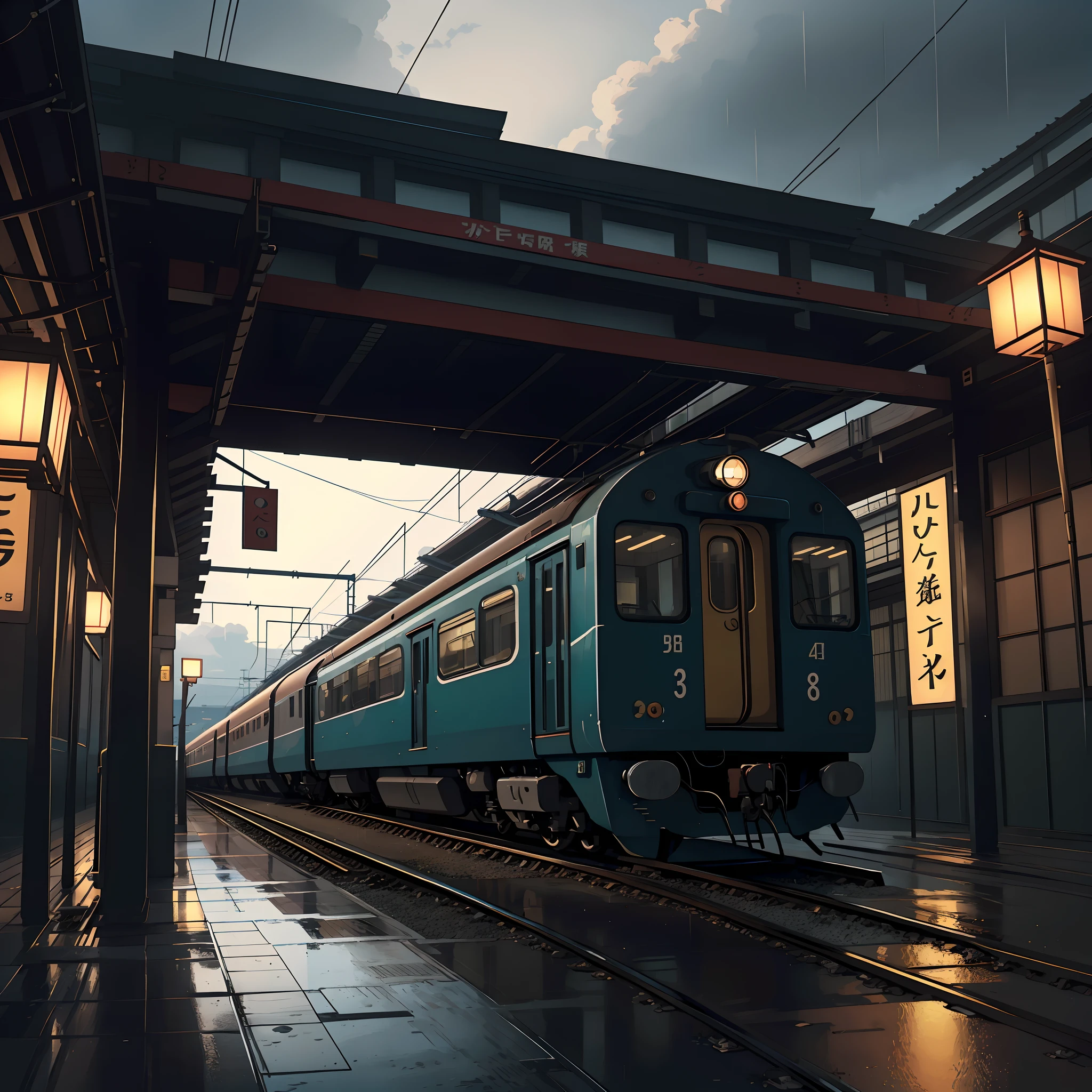 japanese train station, (no one: 1), japan, modern japanese architecture, best quality, japanese signs, anime, anime style, lofi, no one in sight, dramatic weather, night time, illuminated by lights, japanese train, modern train, anime background, anime wallpaper, anime scene, anime scenery, anime style, anime vibe, anime, japan, high details, best quality, masterpiece, tiny details, high detail, many details, sparkle, super detail, japanese signs, japanese banners, banners, plant pots, plants, cherry blossom trees, leaves falling on tracks, trash cans, (realistic,photorealistic:1.37), urban, compact, billboards, street lights, street lamps, (best quality,4k,8k,highres,masterpiece:1.2),ultra-detailed, lofi, lofi vibe, lofi stlye, dramatic weather, raining, heavy rain, puddles, rain drops, modern japanese architecture, no one in sight, (no one: 1), Conceptual art, anime, anime style, sparkle, glowing light, reflection light, cinematic lighting, UHD, masterpiece, super detail, high details, high quality, best quality, highres, train travelling along tracks, camera from the side of the train tracks on the platform,