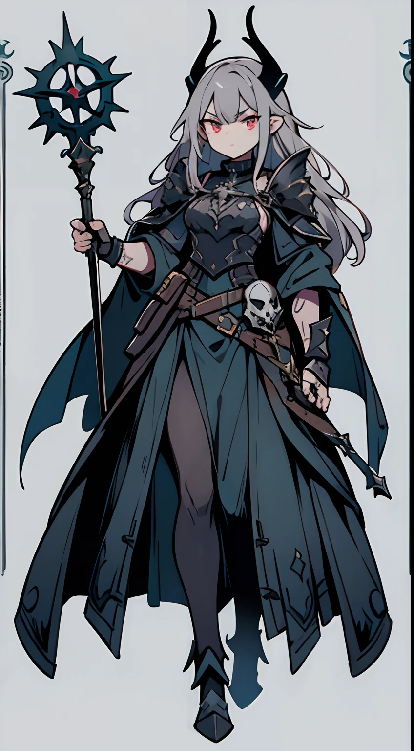 tarot card design, flat color, solo, gothic, Neogothic, full body, long ears, woman, grey skin, long hair reaching lower back, dark blue-grey hair, warlock, worn cloak, metal armor plates, metal gauntlets, metal spiky shoulder pads, metal greaves, stag skull bone helmet, covering face, wielding green magic in right hand, holding staff in left hand