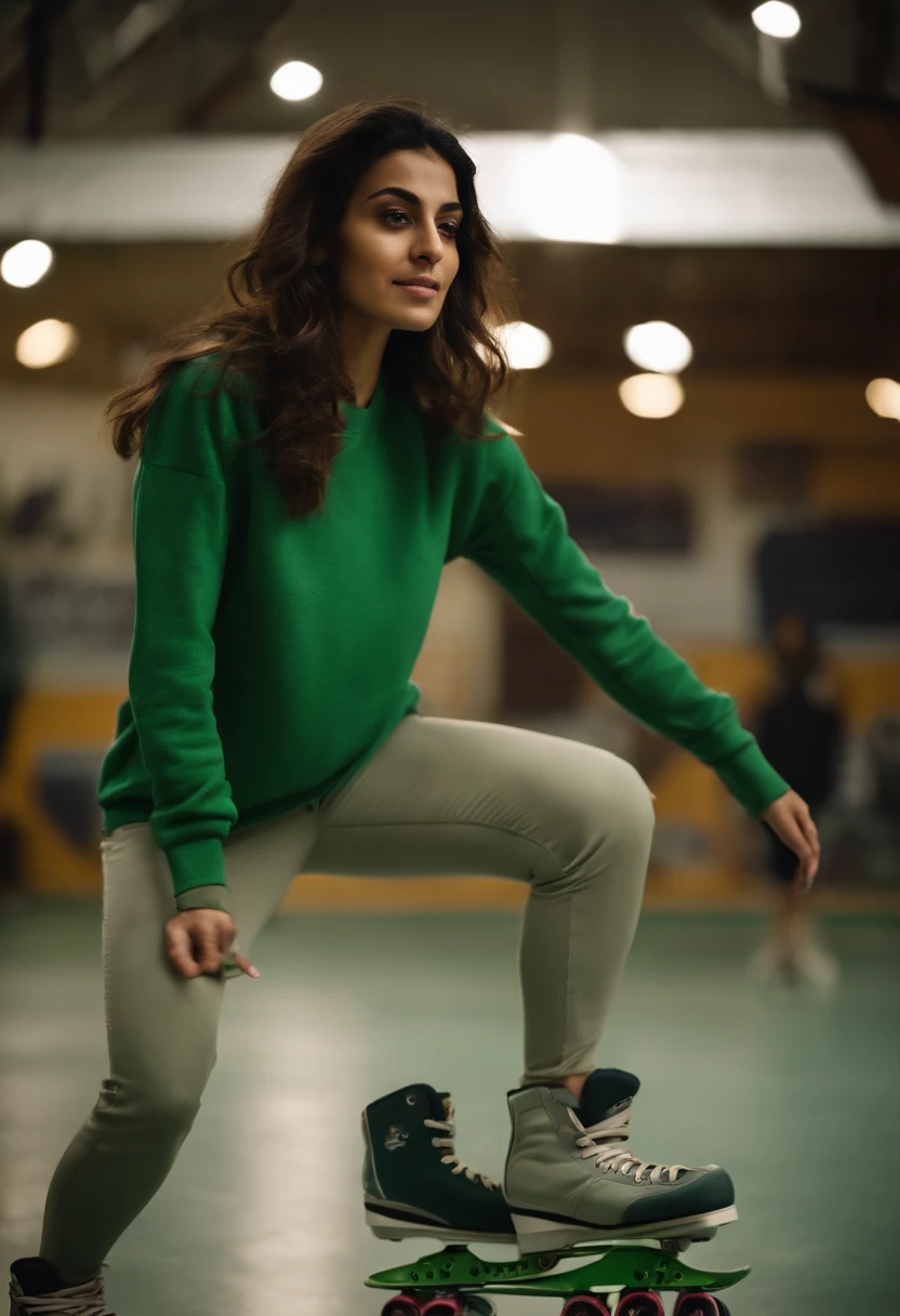 A beautiful iranian lady have brown hair in skate salon and wearing a green sweatshirt and matching green pants.
with her boyfreind in a gray shirt and cream pants
Both of them have inline skates and are competing