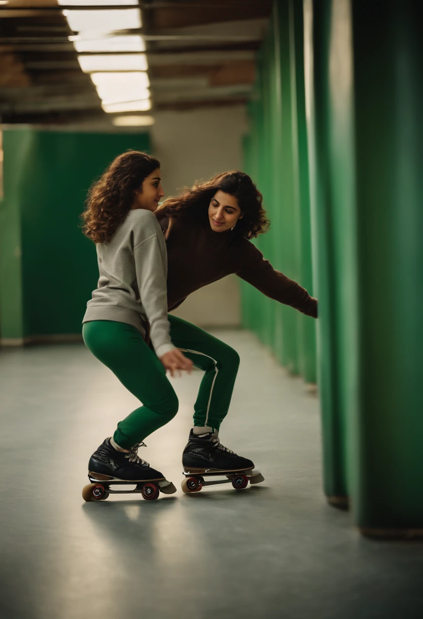 A beautiful iranian lady have brown hair in skate salon and wearing a green sweatshirt and matching green pants.
with her boyfreind in a gray shirt and cream pants
Both of them have inline skates and are competing