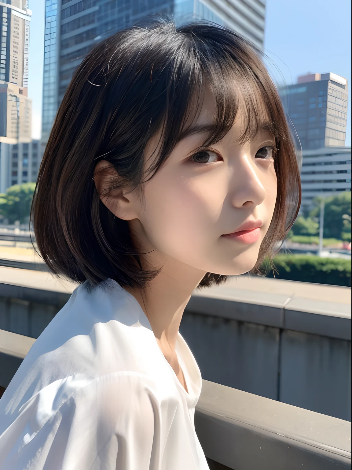 top-quality、超A high resolution、(Photorealsitic:1.4)、女の子1人、(faded ash gray hair:1)、Small breasts、looking at viewert、a closeup、short-hair、A Japanese Lady、white backgrounid、takeout、Natural styling、Looking at the camera、Cute impression、A simply dressed、white  shirt、Less exposure.Bob length、City background、Facing the front、Posing