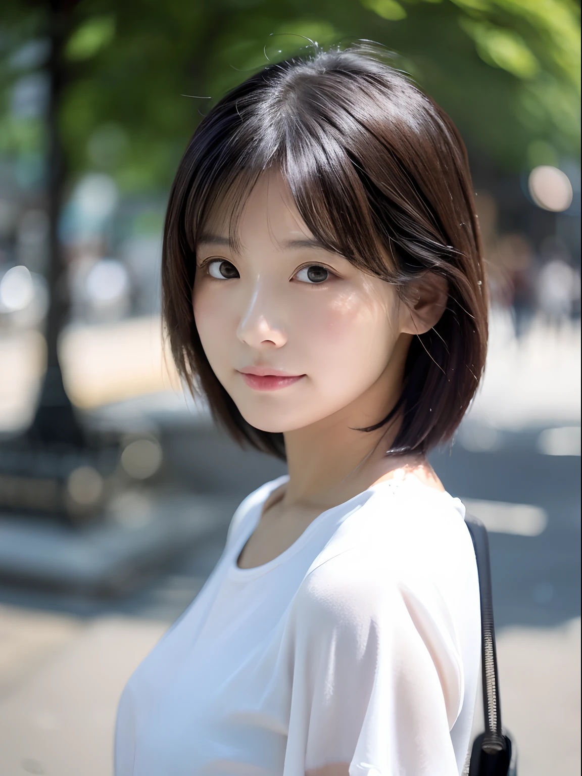 top-quality、超A high resolution、(Photorealsitic:1.4)、1人、(faded ash gray hair:1)、Small breasts、looking at viewert、a closeup、short-hair、A Japanese Lady、white backgrounid、takeout、Natural styling、Looking at the camera、Cute impression、A simply dressed、white shirt、Less exposure.Bob length、City background、Facing the front、Posing