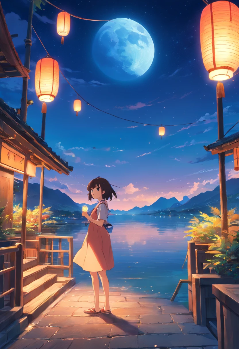 Vast night，the beautiful skyline，Large expanses of ocean，Intense and dramatic imagery，the moving visual effects，High hanging moon，Colorful natural light。A man sits on an ancient lonely boat，Cyan Kong Ming lanterns floating in the sky。