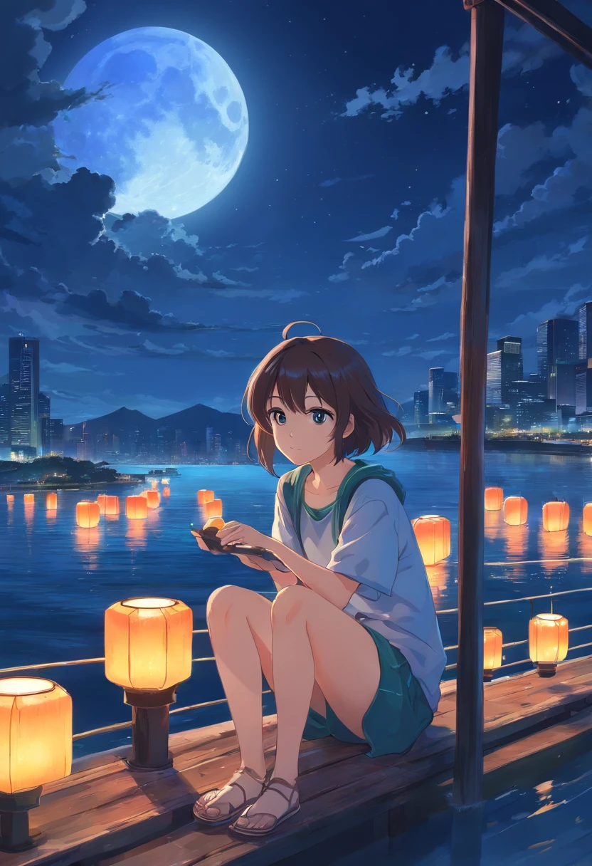 Vast night，the beautiful skyline，Large expanses of ocean，Intense and dramatic imagery，the moving visual effects，High hanging moon，Colorful natural light。A man sits on an ancient lonely boat，Cyan Kong Ming lanterns floating in the sky。